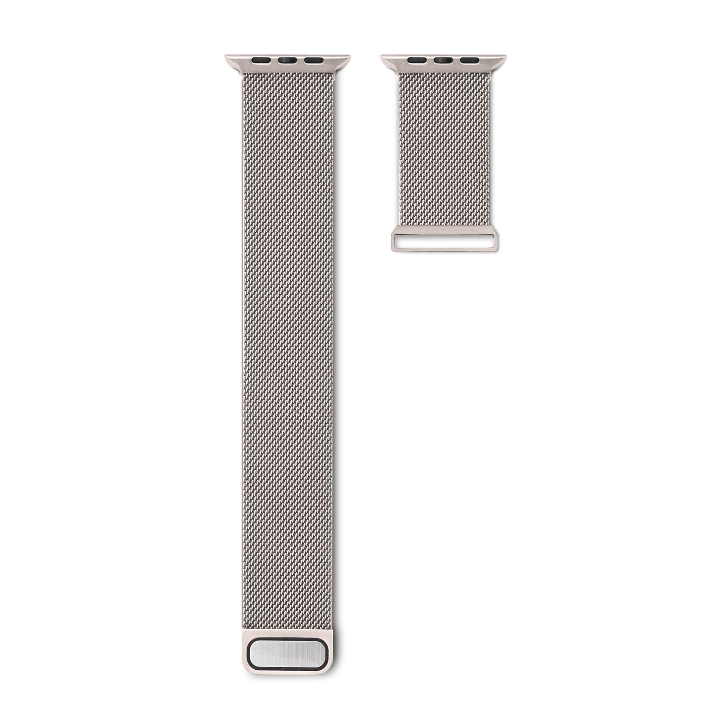Zwei arktisband Apple Watch Milanaise Loop Armbänder aus silbernem Edelstahl sind auf weißem Hintergrund abgebildet. Das längere Band ist links, das kürzere rechts. Beide verfügen über einfach zu befestigende Anschlüsse.