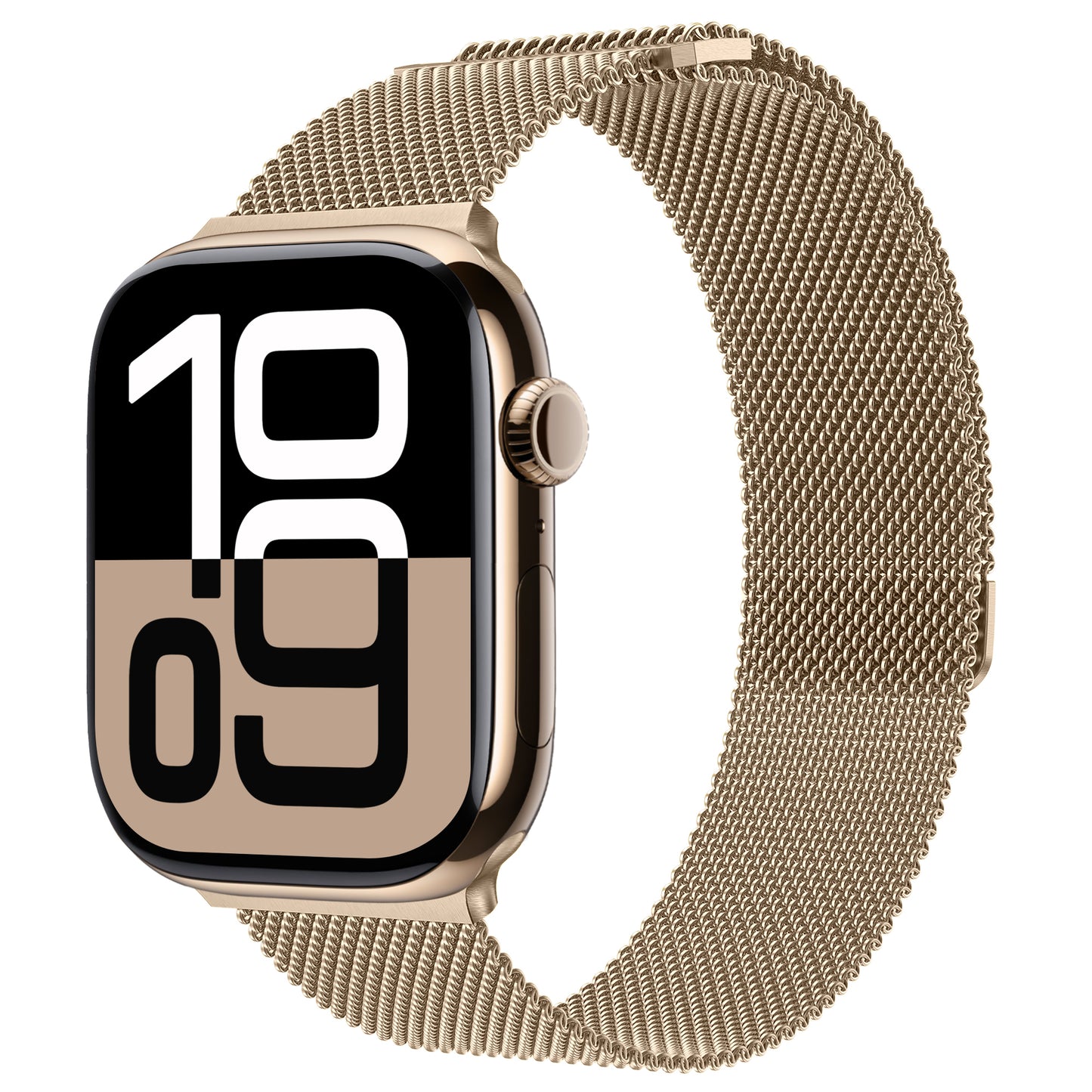 Das arktisband Apple Watch Milanaise Loop Armband verfügt über ein goldenes Edelstahlband und große digitale Zahlen, die einen eleganten Stil mit einem von der Apple Watch inspirierten Design verbinden.