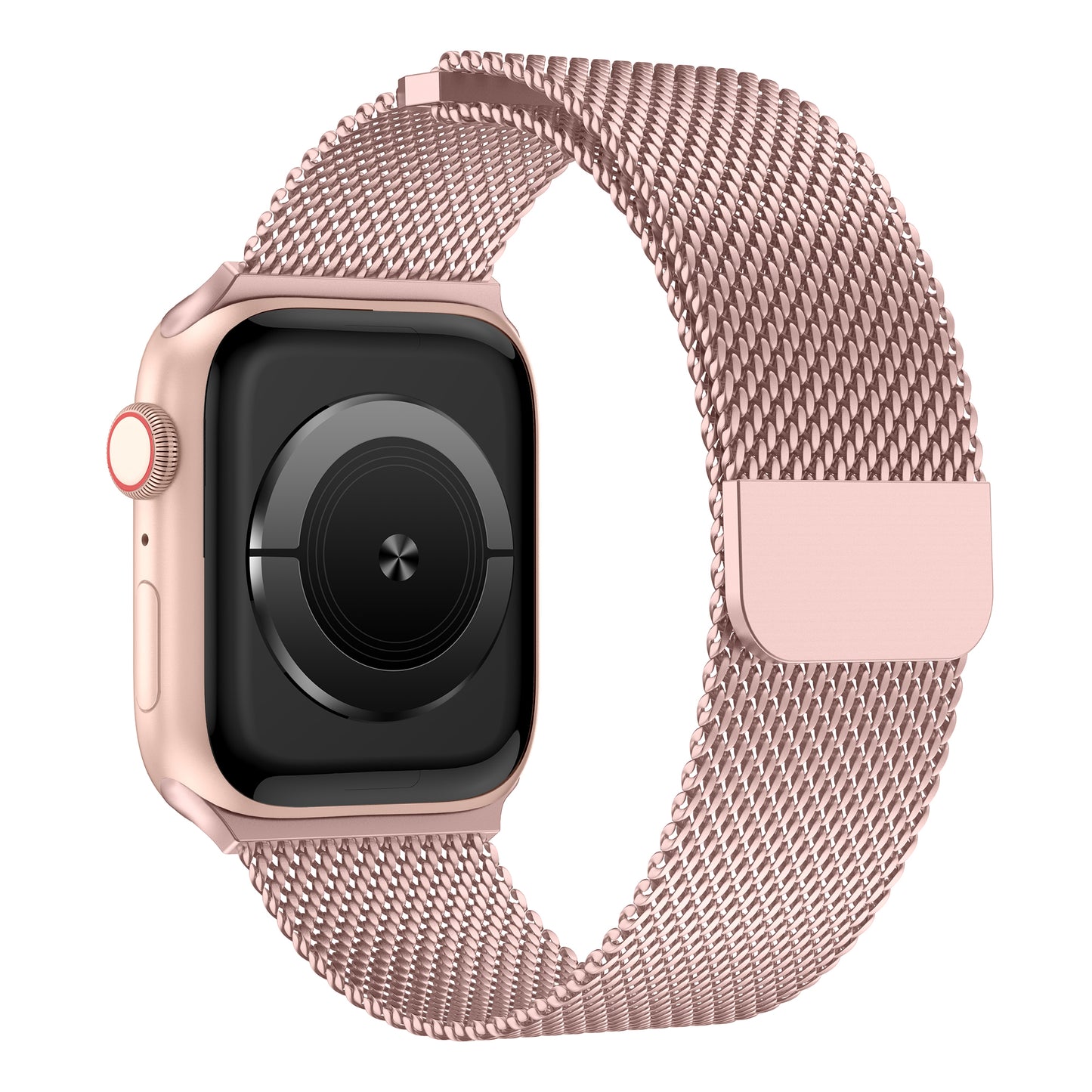 Das arktisband Apple Watch Milanaise Armband "Bold" in Roségold ist von hinten und seitlich abgebildet und gibt den Blick auf einen schwarzen Sensor frei. Kompatibel mit der Apple Watch.