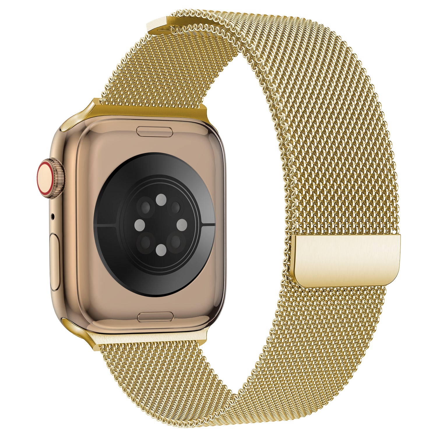 Die Rückseite eines Arktisband-Apple-Watch-Milanaise-Loop-Armbands ist zu sehen, wobei die Herzfrequenzsensoren am Edelstahlgehäuse und der Magnetverschluss am stilvollen Gold-Mesh-Armband hervorgehoben werden.