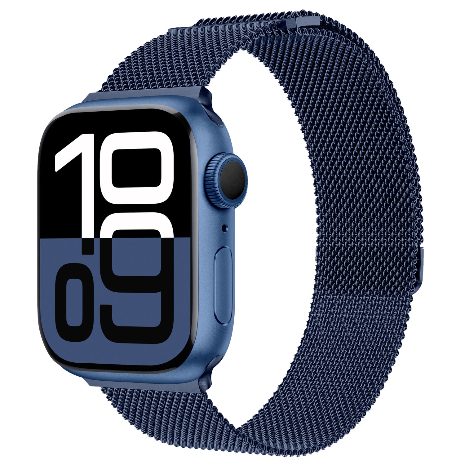 Ein dunkelblaues Arktisband Apple Watch Milanaise Loop Armband von Arktisband wird schräg gezeigt, wobei auf dem Bildschirm große weiße Ziffern „10:09“ auf einem geteilten schwarz-blauen Hintergrund angezeigt werden.