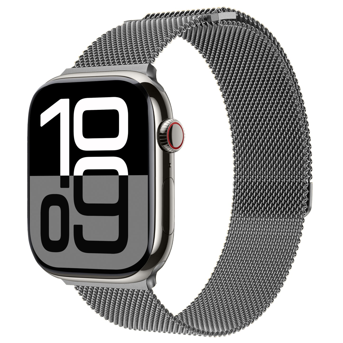 Das arktisband Apple Watch Milanaise Loop Armband kombiniert ein elegantes rechteckiges Smartwatch-Display mit einem Edelstahl-Mesh-Armband und einer runden Krone, ideal für alle, die den klassischen Apple Watch-Look lieben.