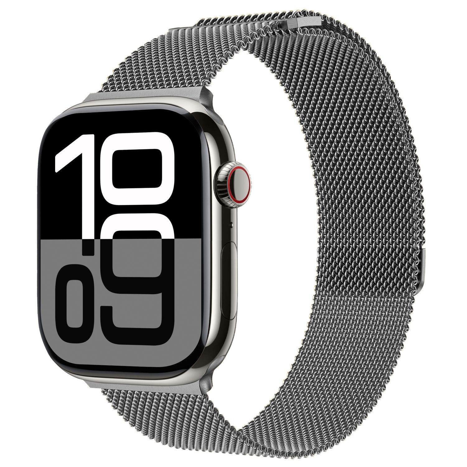 Das arktisband Apple Watch Milanaise Loop Armband kombiniert ein elegantes rechteckiges Smartwatch-Display mit einem Edelstahl-Mesh-Armband und einer runden Krone, ideal für alle, die den klassischen Apple Watch-Look lieben.