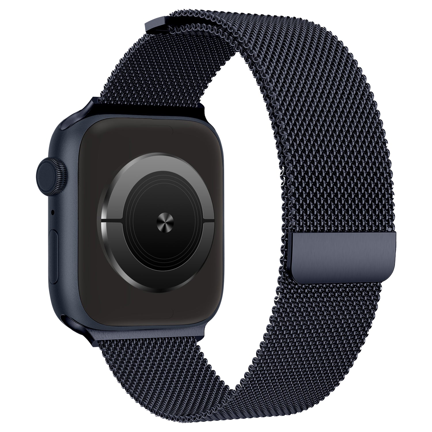 Ein Arktisband Apple Watch Milanaise Loop Armband in dunkler Farbe, schräg auf weißem Hintergrund dargestellt. Die Uhr hat ein schwarzes, leeres Display, ein abgerundetes, rechteckiges Zifferblatt und einen seitlichen Knopf mit Krone.