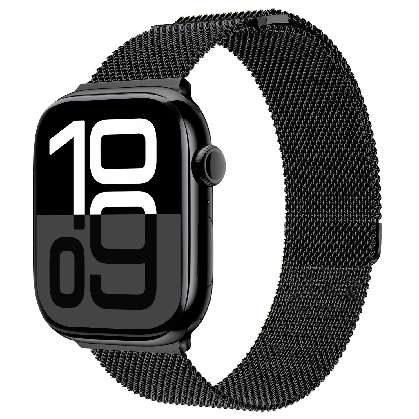 Das arktisband Apple Watch Milanaise Loop Armband, hier in Schwarz mit großer Digitalanzeige (10:09), besticht durch sein elegantes Edelstahl-Design. Die Uhr ist leicht nach rechts geneigt.