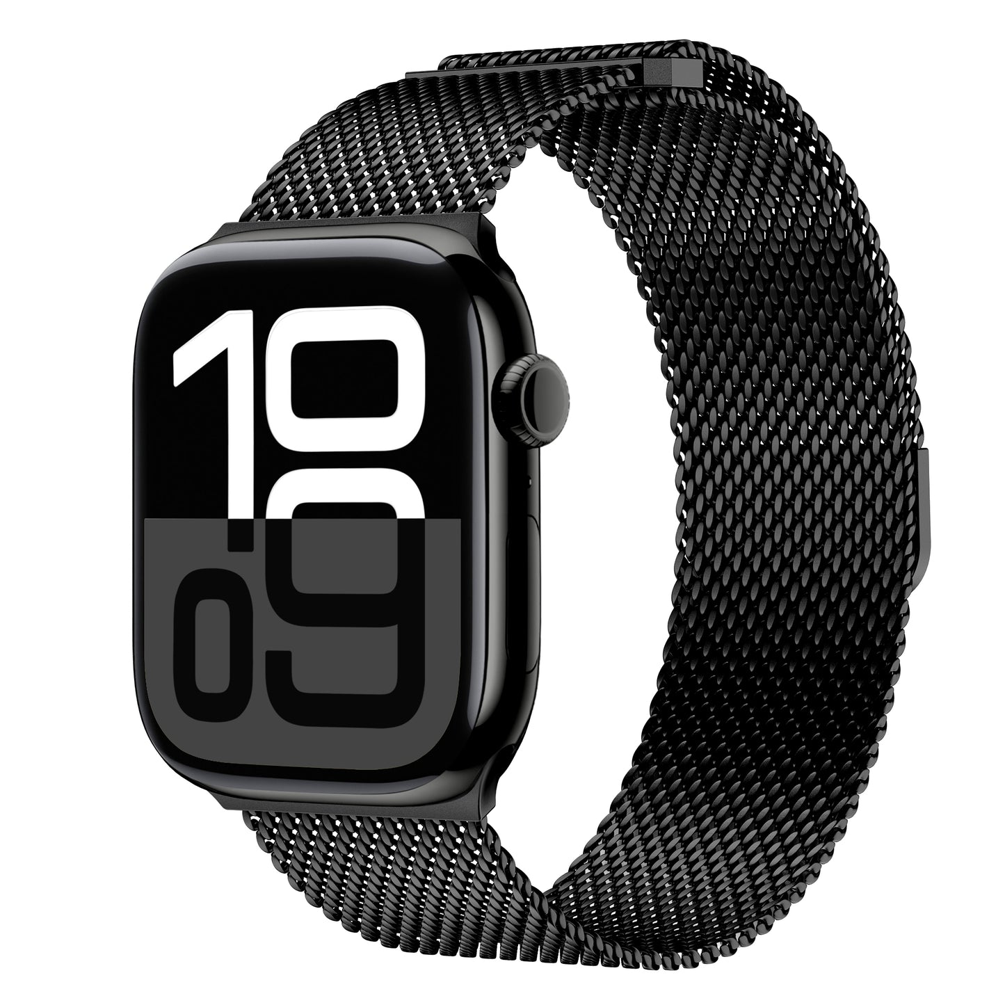 Das arktisband Apple Watch Milanaise Armband "Bold" aus schwarzem Edelstahl zeigt 10:09 Uhr mit großen weißen Ziffern an. Kompatibel mit der Apple Watch.