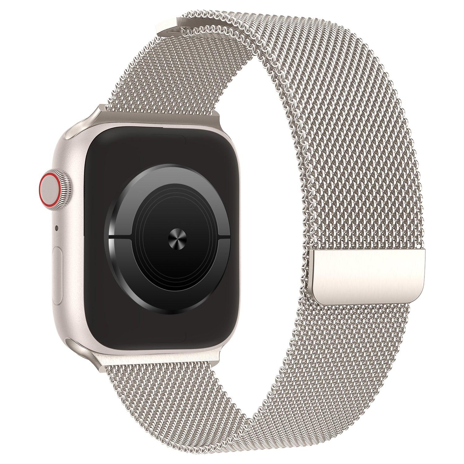 Eine Nahaufnahme eines arktisband Apple Watch Milanaise Loop Armbands von arktisband mit einer rot umrandeten digitalen Krone auf weißem Hintergrund. Das Edelstahlarmband verleiht Eleganz, und das Uhrendisplay wirkt leer und reflektierend.