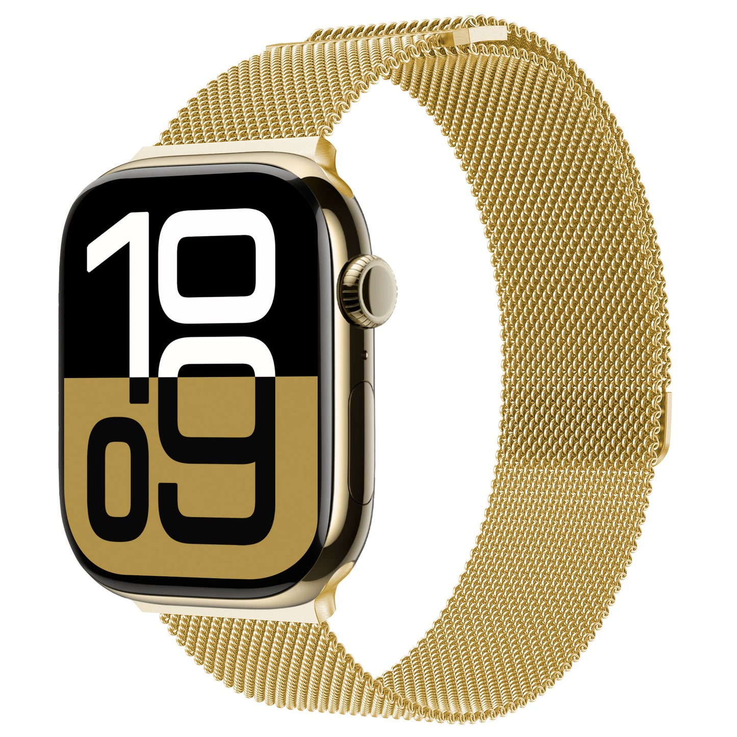 Ein arktisband Apple Watch Milanaise Loop Armband aus goldfarbenem Edelstahl ist abgewinkelt, um den seitlichen Knopf und das strukturierte Armband hervorzuheben. Die Anzeige zeigt 10:09 in kräftigem Schwarzweiß auf gold-schwarzem Hintergrund.
