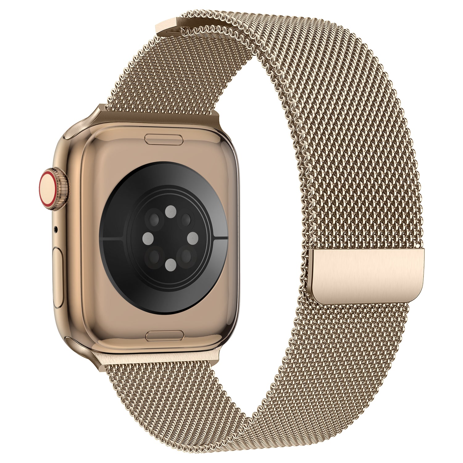 Die Apple Watch wird von hinten gezeigt, ausgestattet mit dem arktisband Apple Watch Milanaise Loop Armband der Marke arktisband. Die Sensoren sind sichtbar.