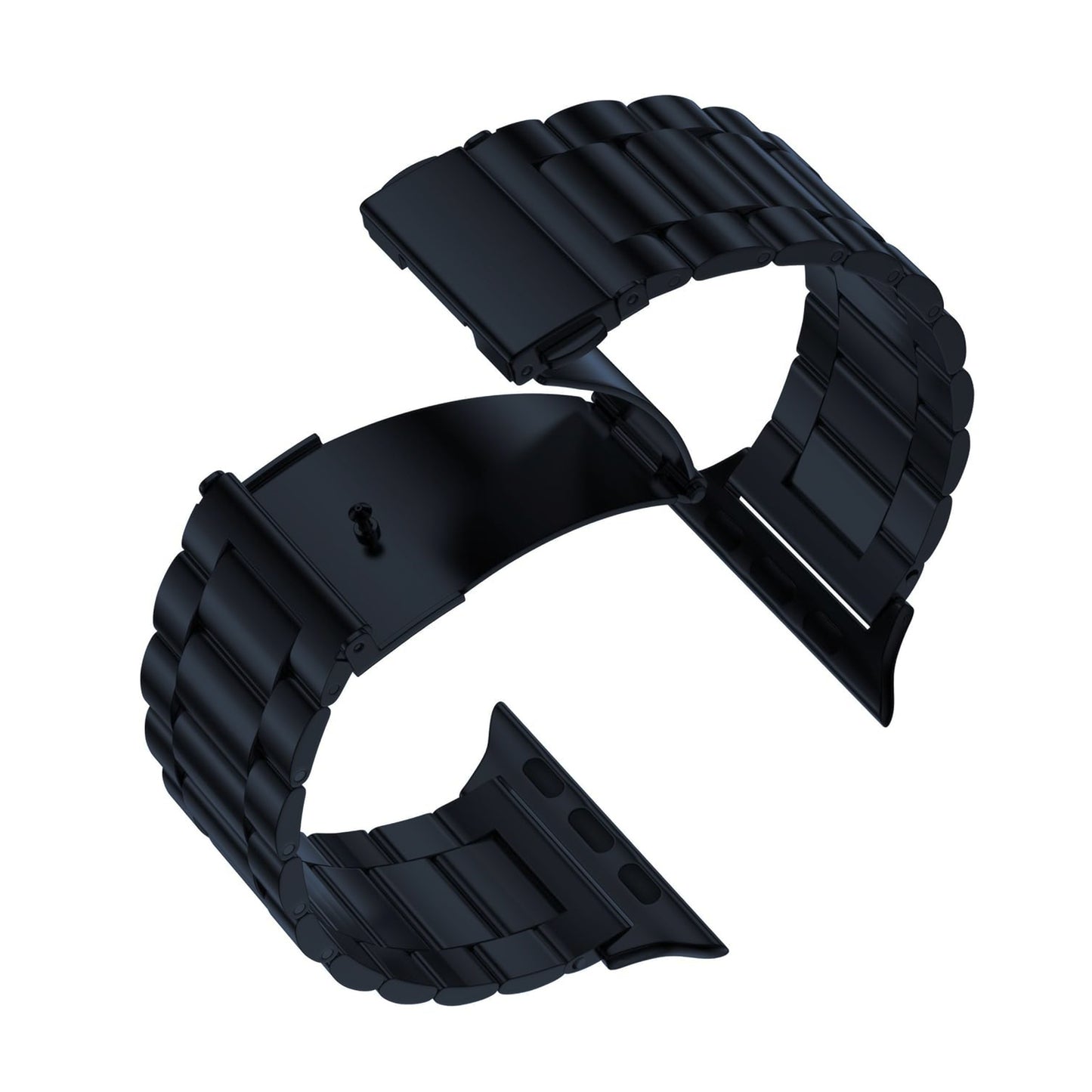 Das arktisband Apple Watch Gliederarmband „Arctica“ von arktisband wird in Schwarz gezeigt, geöffnet, um sein schlankes Design, den Verschluss und die Anschlüsse zur Befestigung an Ihrer Uhr zu zeigen.
