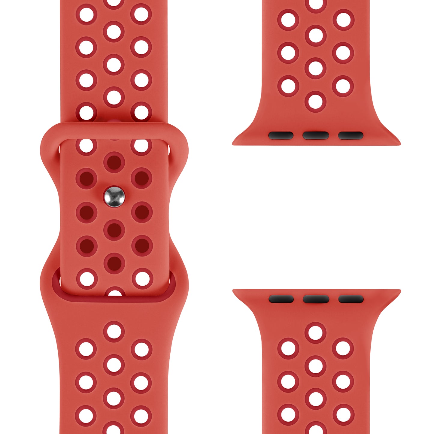 Nahaufnahme des Arktisband Apple Watch Silikonarmbands „Energy“ in Rot, mit atmungsaktiven runden Löchern, geschlossenen und offenen Enden sowie Befestigungsanschlüssen.