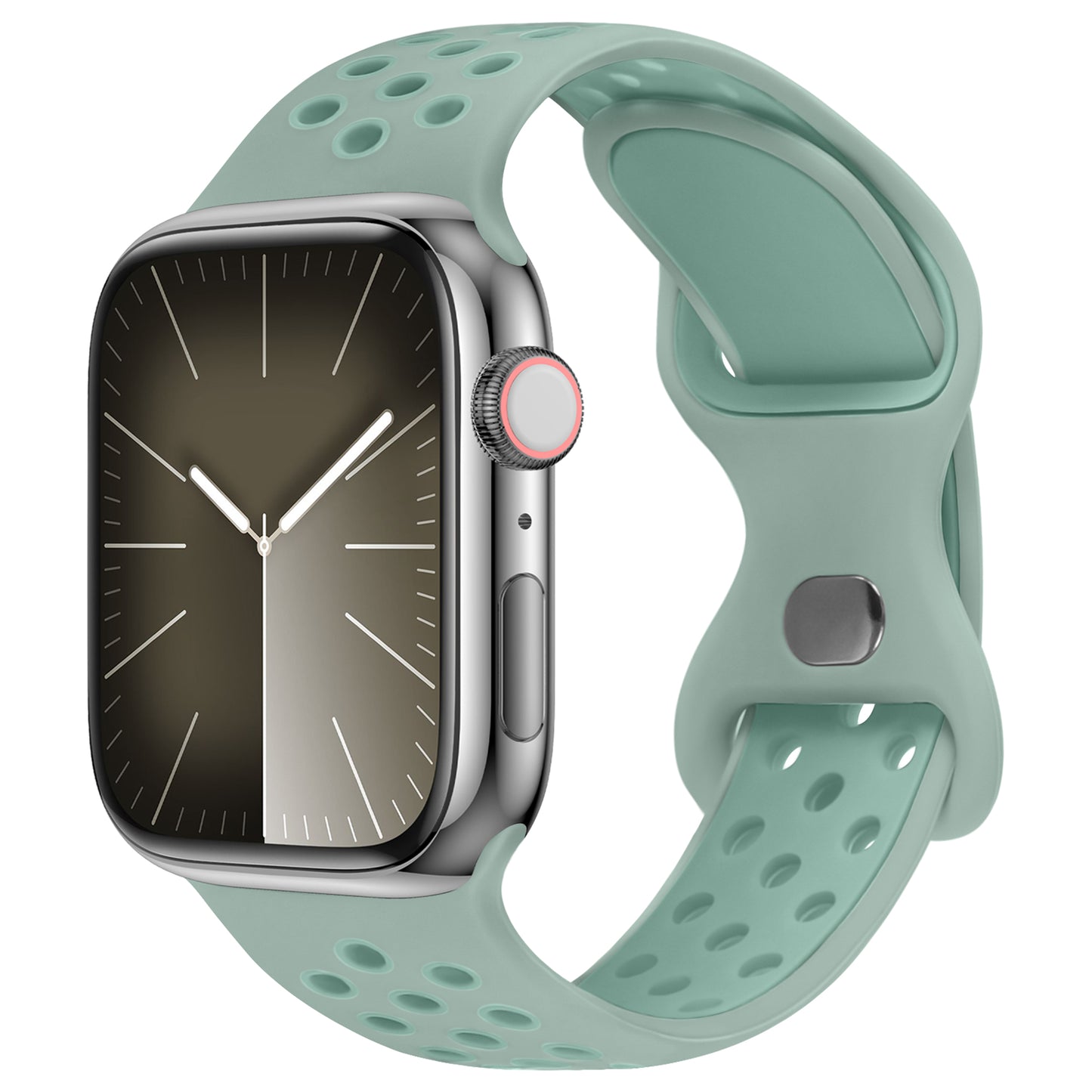 Das arktisband Apple Watch Silikonarmband „Energy“ verfügt über ein hellgrünes, perforiertes Band, ein silbernes Gehäuse und ein dunkles Smartwatch-Display mit weißen Uhrzeigern und Teilstrichen; kompatibel mit Apple Watch.