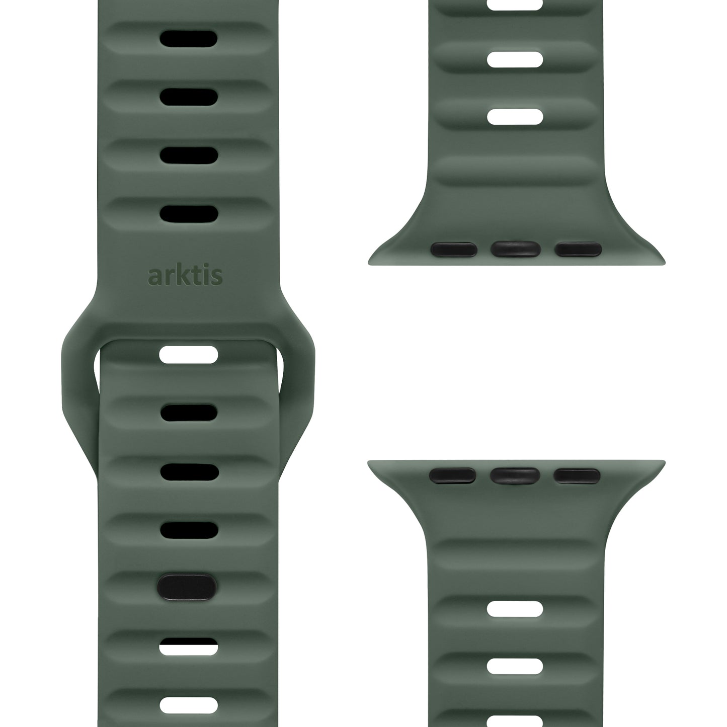 Das arktisband Apple Watch Silikonarmband „Active“ von arktisband ist grün, atmungsaktiv, hat Verstelllöcher, zwei Anschlüsse und den geprägten arktis-Schriftzug. Es wird aus verschiedenen Perspektiven vor weißem Hintergrund gezeigt.