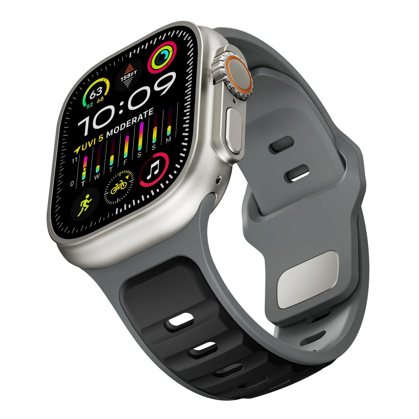 Das Arktisband Apple Watch Silikonarmband „Swift“ in Schwarz und Grau ist schweißabsorbierend und atmungsaktiv. Die silberne Smartwatch zeigt die Uhrzeit (10:09), Aktivitätssymbole und Gesundheitsdaten auf einem farbenfrohen Touchscreen an, wobei Zifferblatt und Seitentasten sichtbar sind.