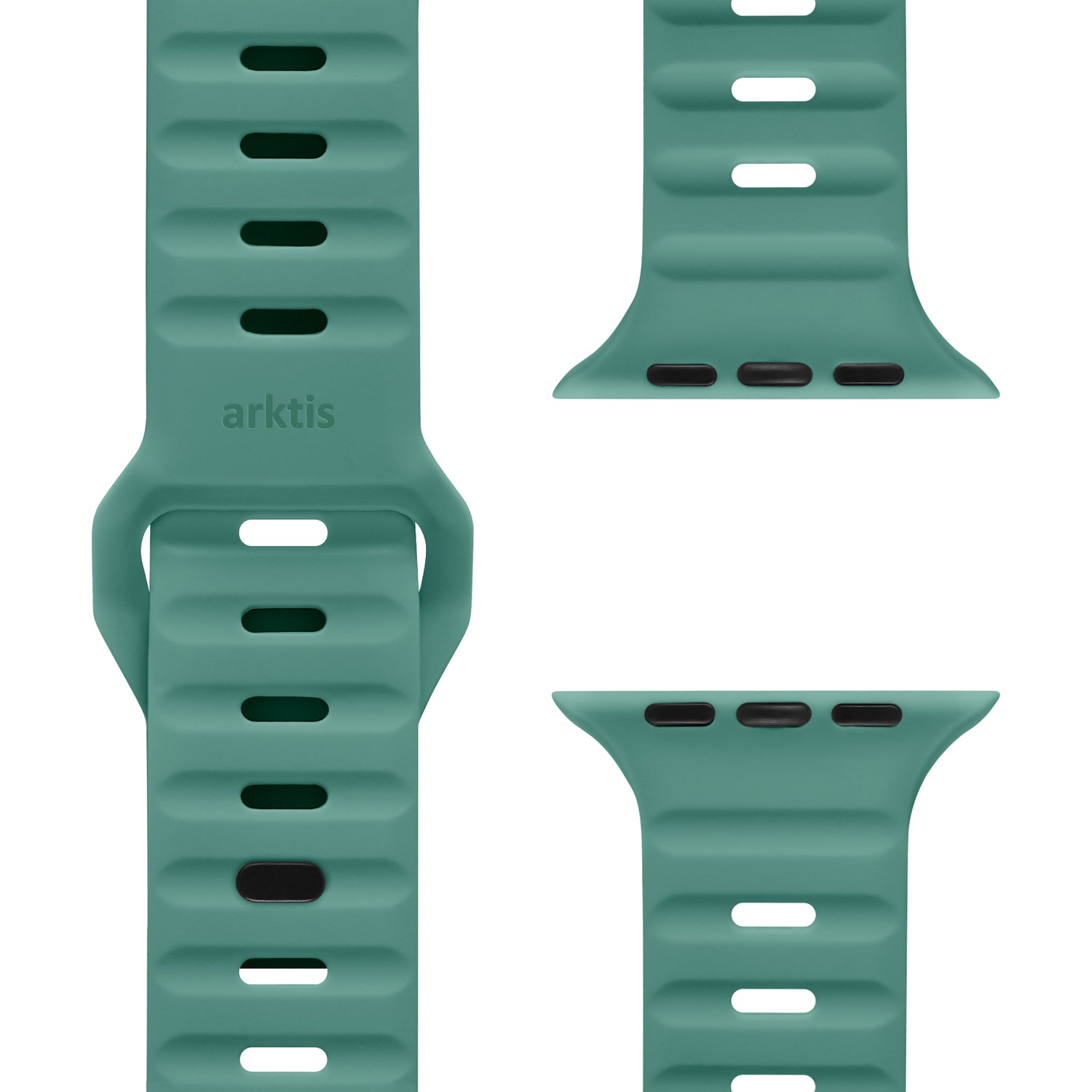 Das arktisband Apple Watch Silikonarmband „Active“ in Grün besitzt ein atmungsaktives Design, mehrere Verstelllöcher sowie eine Schnalle und Connector-Lugs. Das Markenlogo der Künstlerband ist auf der Band sichtbar.