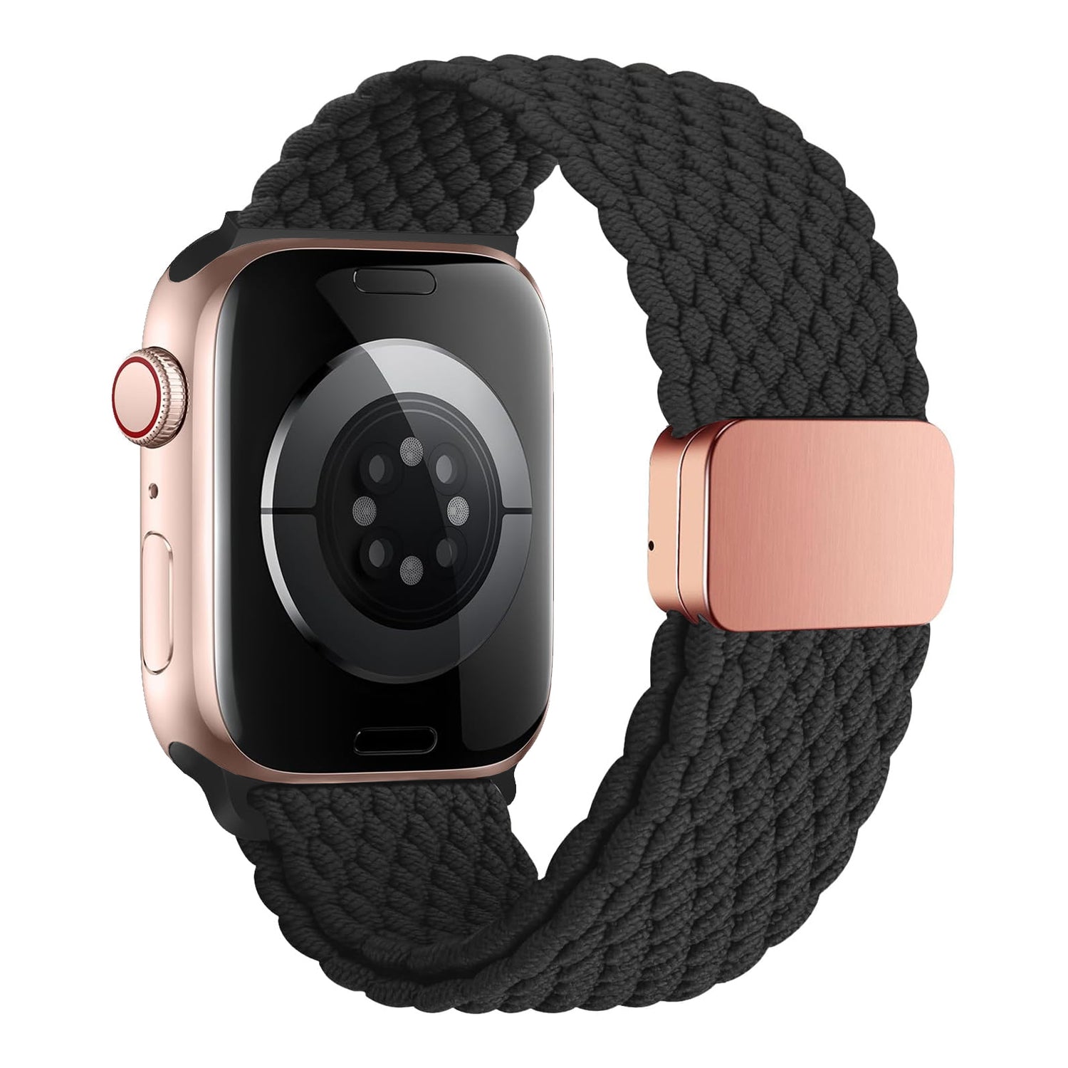 Das arktisband Geflochtene Apple Watch Armband „Casual“ mit Magnetverschluss in Schwarz wird von hinten und von der Seite gezeigt, gepaart mit einer roségoldenen Smartwatch.