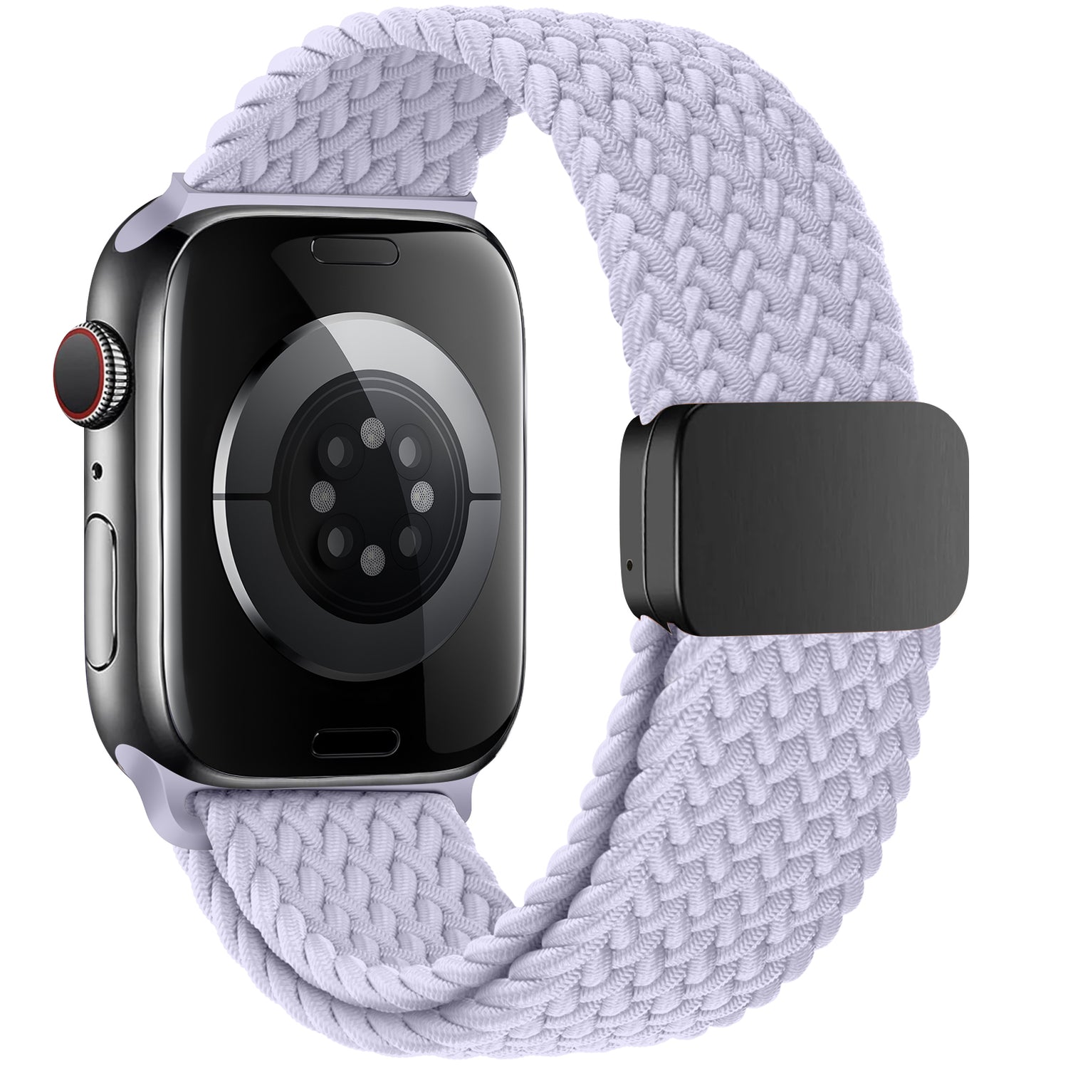 Das arktisband Geflochtene Apple Watch Armband „Casual“ in Lavendel wird mit einem am Band befestigten Magnetverschluss-Ladegerät geliefert.