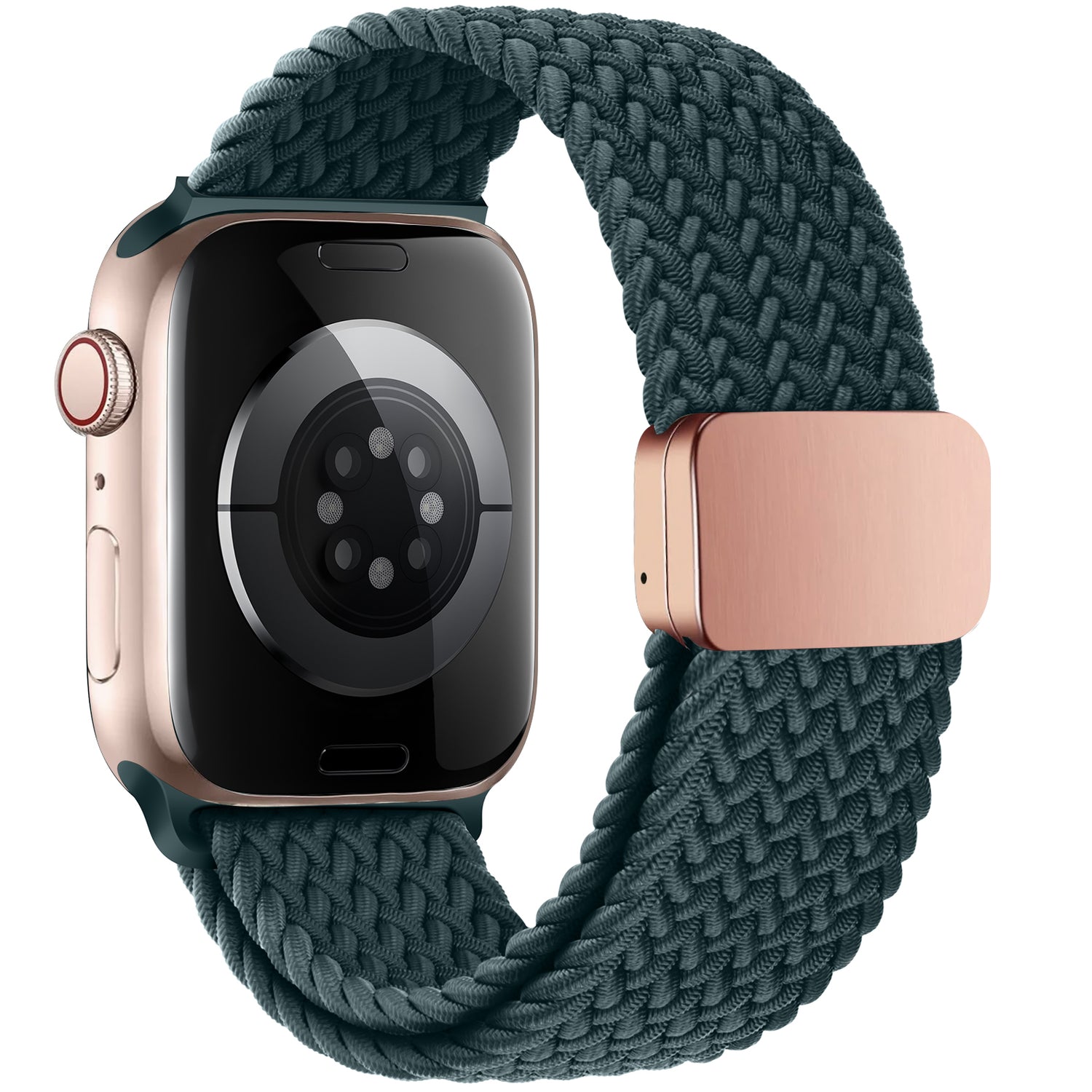 Das arktisband Geflochtene Apple Watch Armband „Casual“ in Dunkelgrün mit Magnetverschluss, abgebildet mit einem roségoldenen Gehäuse – perfekt für das stilvolle Tragen der Apple Watch im Alltag.