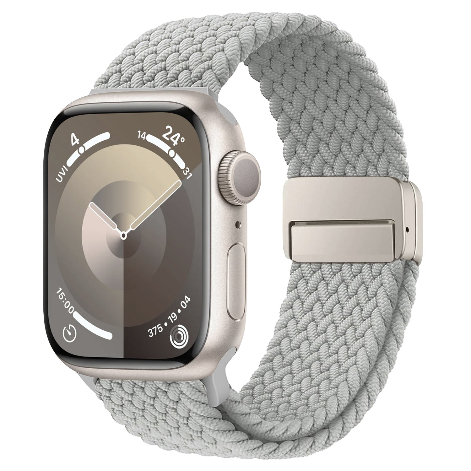 Eine silberne Apple Watch mit einem Arktisband „Casual“ geflochtenen Armband in Hellgrau und einer digitalen Anzeige für Uhrzeit und Wetter.