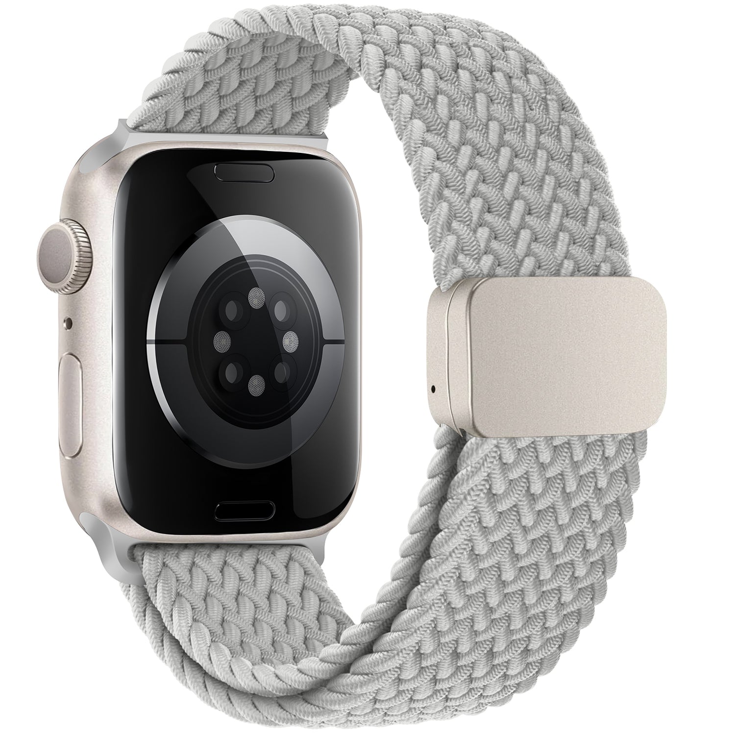 Eine Apple Watch mit dem arktisband Geflochtenen Apple Watch Armband „Casual“ in Hellgrau und einem schicken Magnetverschluss, von der Rückseite abgebildet.
