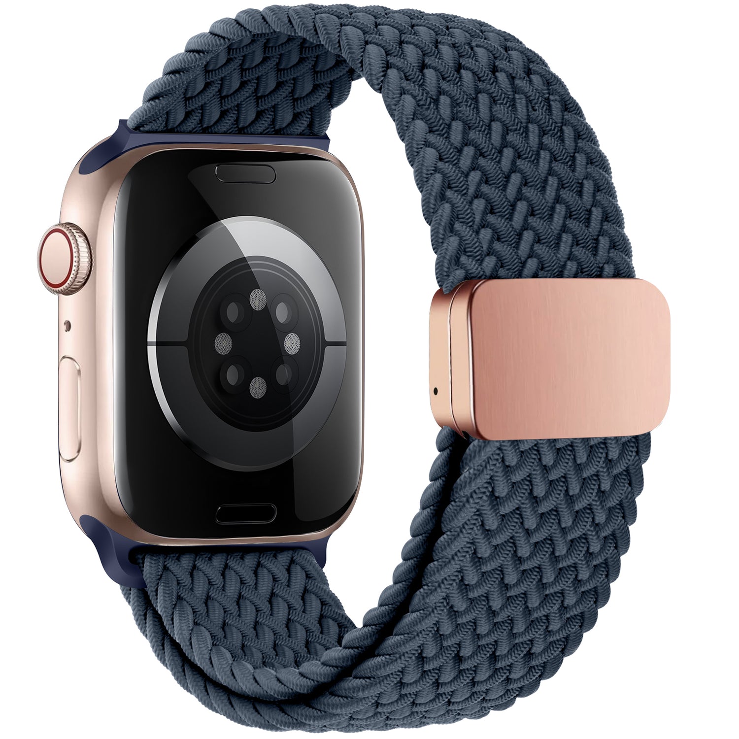 Eine goldene Apple Watch mit dem arktisband Geflochtenes Apple Watch Armband „Casual“ mit Magnetverschluss in Blau, von hinten gezeigt, um die Sensoren und den praktischen Magnetverschluss hervorzuheben.