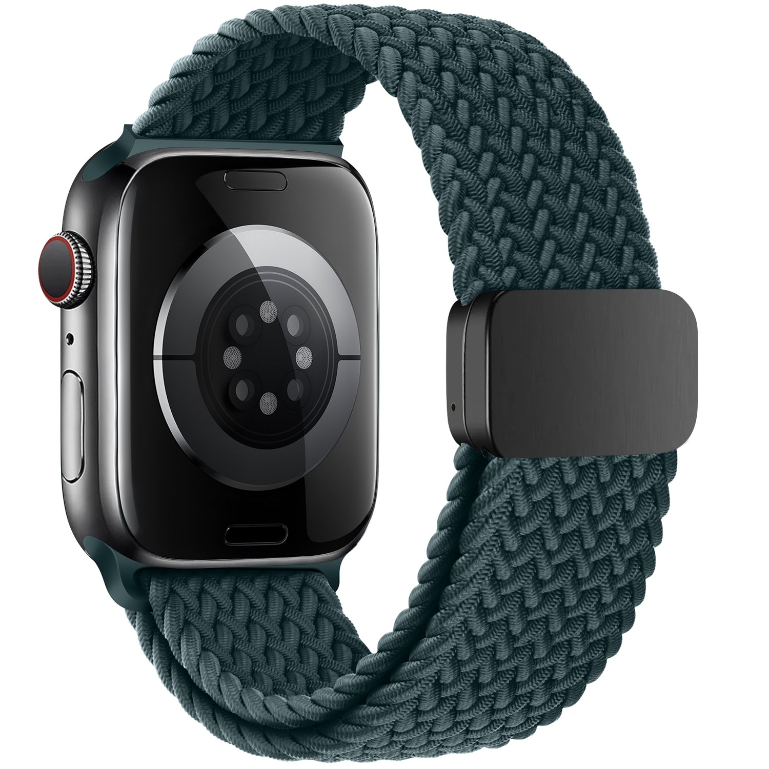 Ein arktisband Geflochtenes Apple Watch Armband „Casual“ mit Magnetverschluss in Dunkelgrün am schwarzen Apple Watch, von hinten gezeigt.