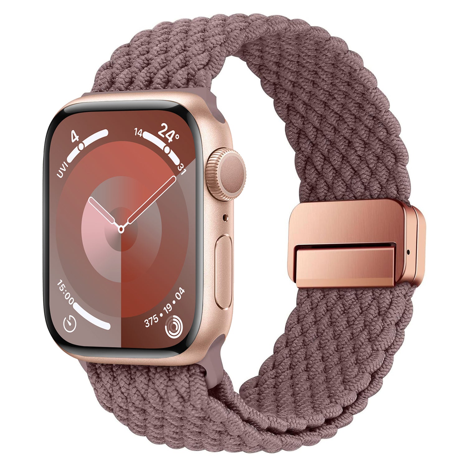 Eine goldene Apple Watch mit einem geflochtenen Apple Watch Armband „Casual“ in strukturiertem Rosa und einem Magnetverschluss, das auf seiner Digitalanzeige Uhrzeit und Wetter anzeigt.