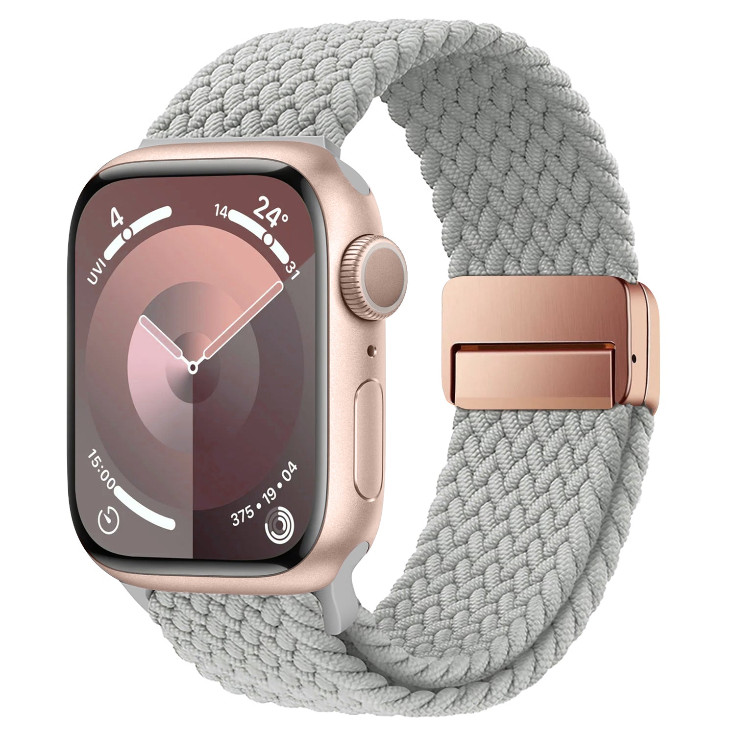 Eine goldene Apple Watch mit einem Arktisband. Geflochtenes Apple Watch Armband „Casual“ mit Magnetverschluss in Grau, das auf seinem digitalen Bildschirm kreisförmige Schnittstellengrafiken anzeigt.