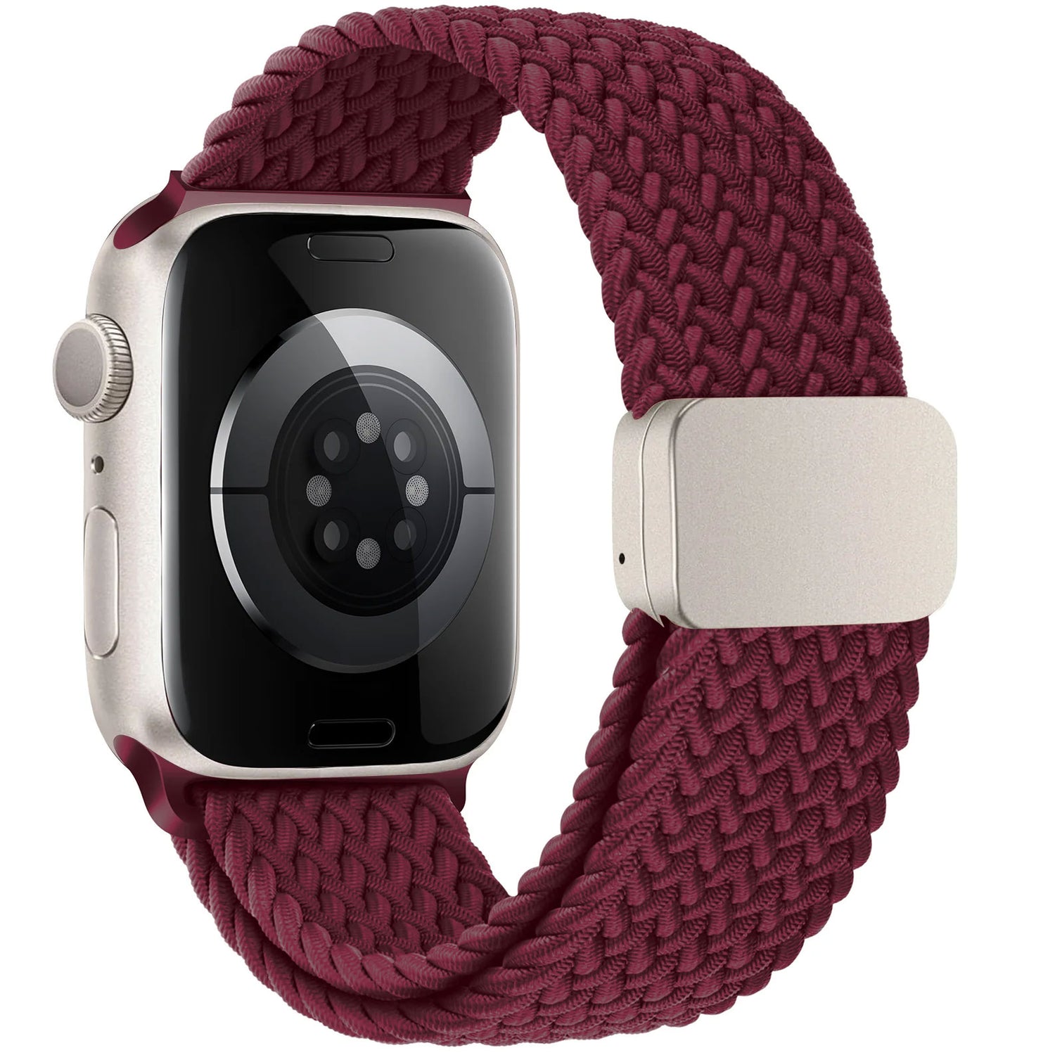 Eine Apple Watch mit einem Arktisband geflochtenen „Casual“-Armband in Kastanienbraun und einem silbernen Gehäuse, von der Rückseite gezeigt.