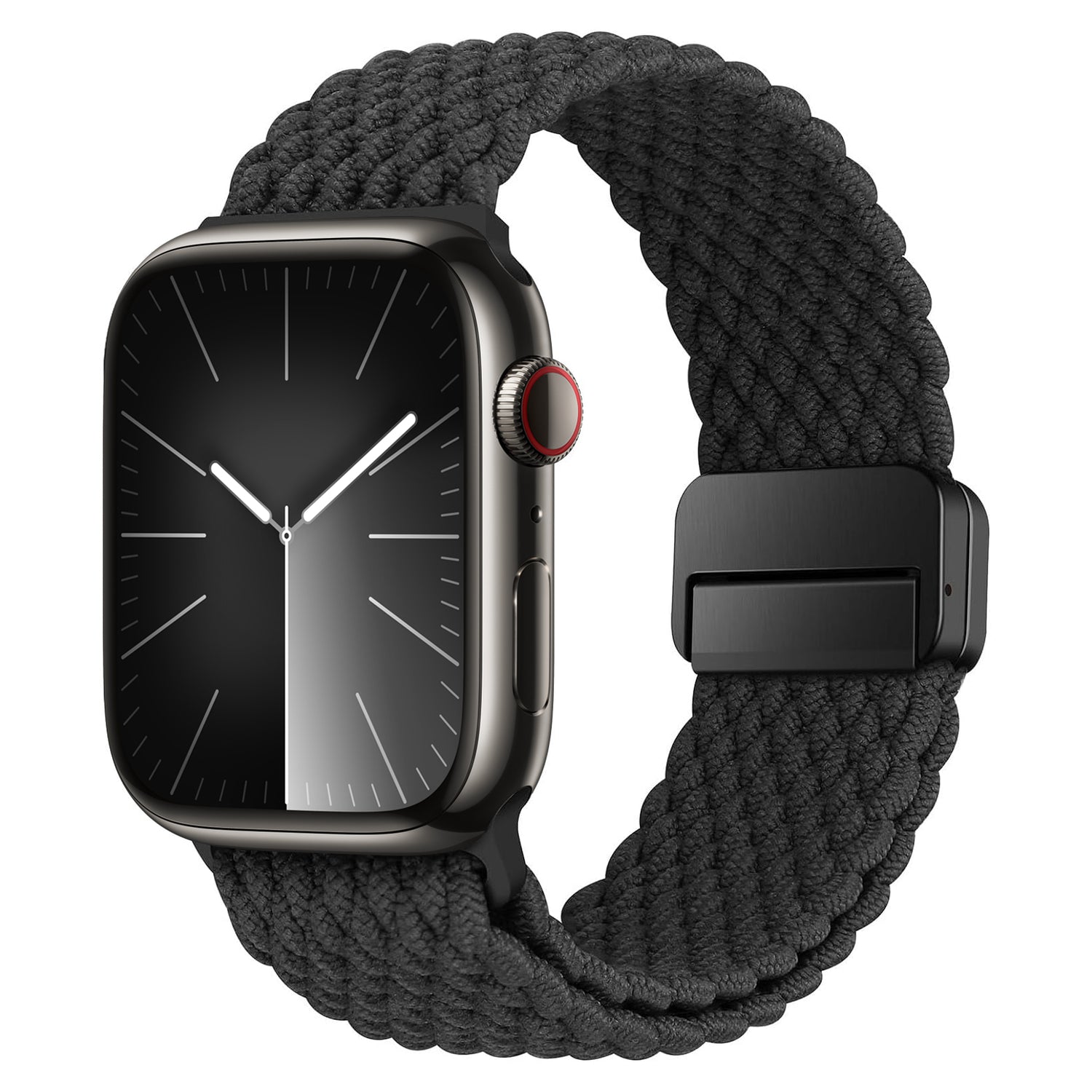 Das arktisband Geflochtene Apple Watch Armband „Casual“ in Schwarz verfügt über ein minimalistisches Zifferblatt im Analogstil und einen eleganten Magnetverschluss.