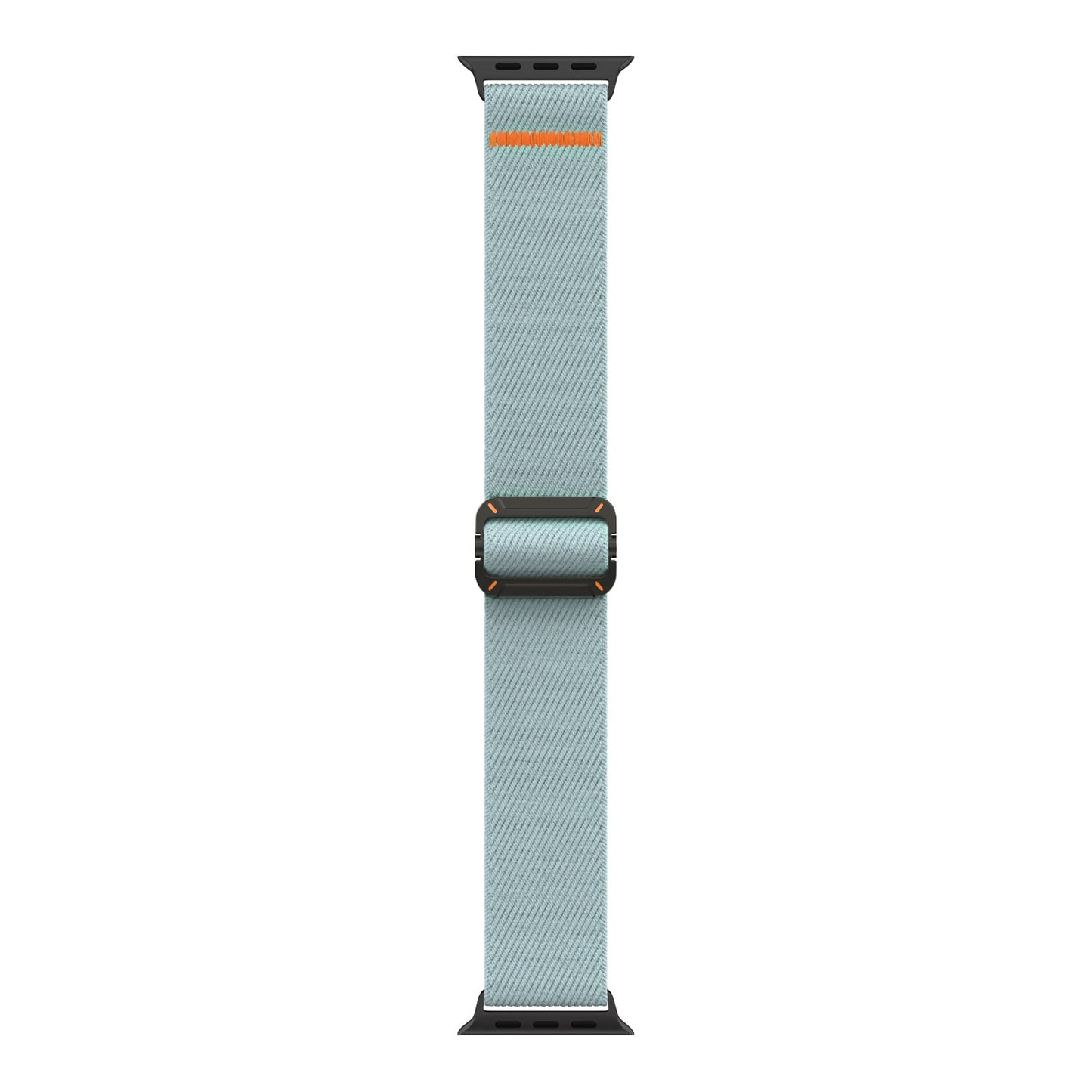 Das arktisband Apple Watch Nylonarmband "FlexOne" ist ein hellblaues Stretch-Nylonband mit schwarzen Verschlüssen und einem kleinen orangefarbenen Akzent in der Nähe eines Endes, das vertikal angebracht ist.