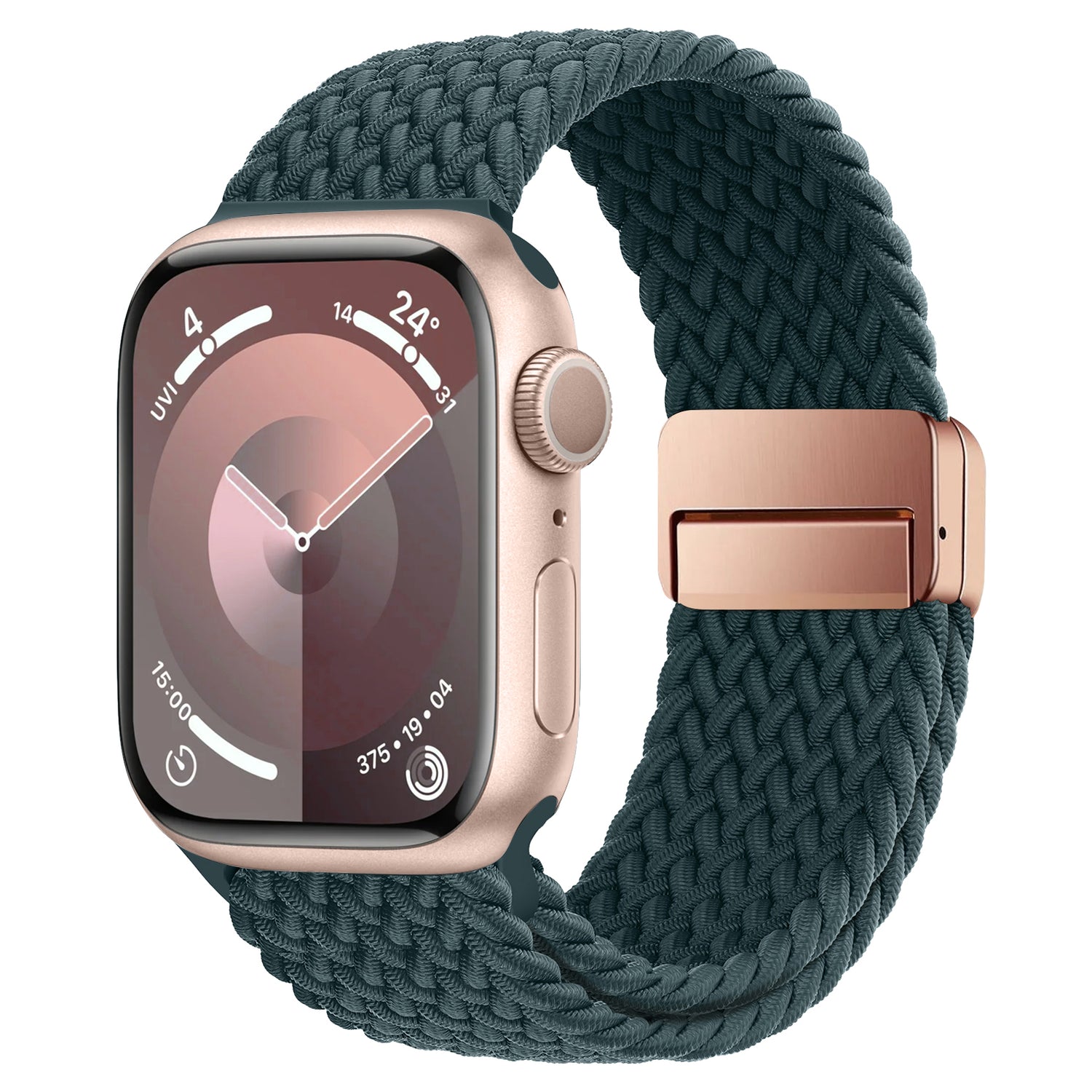 Eine goldene Apple Watch mit einem dunkelgrünen, geflochtenen „Casual“-Armband mit Magnetverschluss und einer runden digitalen Schnittstelle.