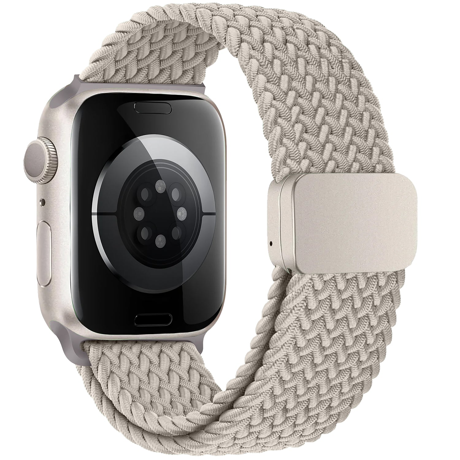 Die Apple Watch mit kunstvoll geflochtenem Armband „Casual“ in Beige, silbernem Gehäuse und Magnetverschluss – von hinten und seitlich gezeigt.