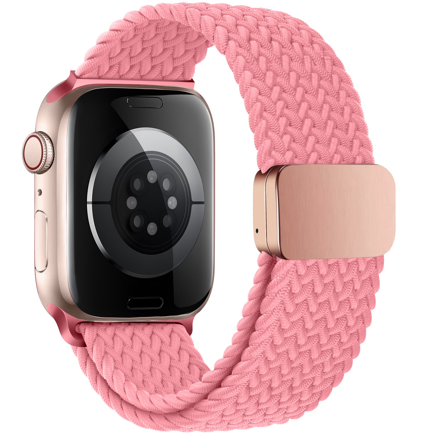 Das arktisband Geflochtene Apple Watch Armband „Casual“ mit Magnetverschluss in Pink ist hier an einer roségoldenen Apple Watch befestigt und von der Rückseite aus betrachtet.
