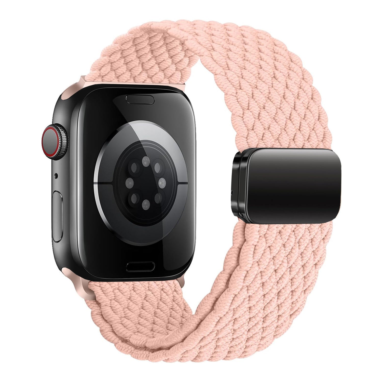 Das arktisband Geflochtene Apple Watch Armband "Casual" mit Magnetverschluss in Pink wird mit einem schwarzen Ladeadapter daneben gezeigt.