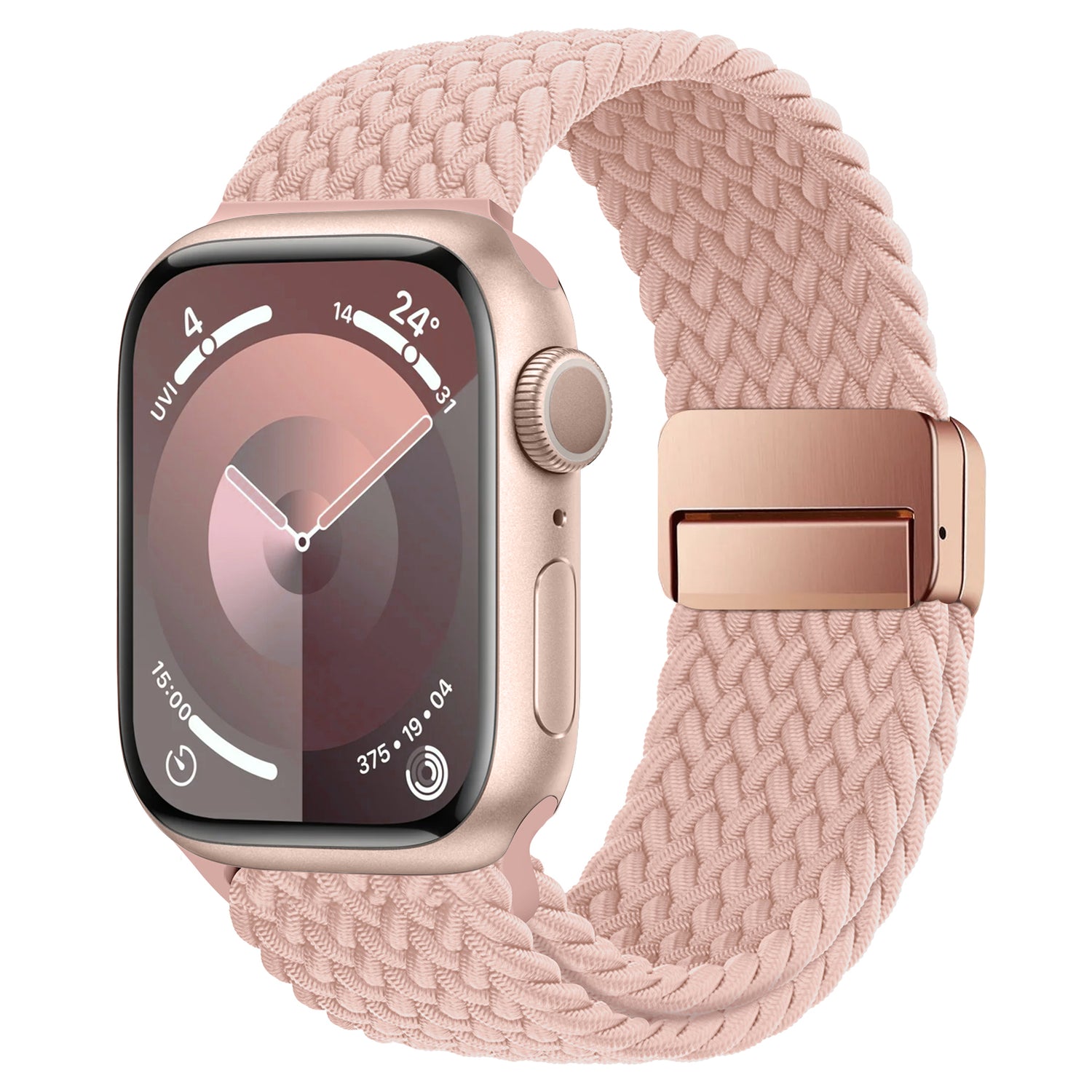Ein arktisband Geflochtenes Apple Watch Armband „Casual“ mit Magnetverschluss in Pink ist an einer goldenen Apple Watch befestigt, die ein analoges Zifferblatt anzeigt.