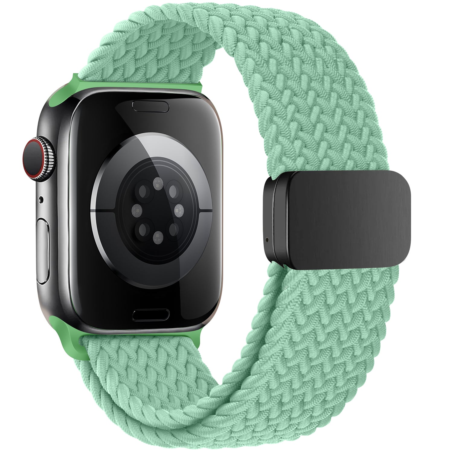Ein arktisband Geflochtenes Apple Watch Armband „Casual“ in Mintgrün mit Magnetverschluss und schwarzer rechteckiger Schließe, abgebildet an einer schwarzen Apple Watch von der Rückseite.
