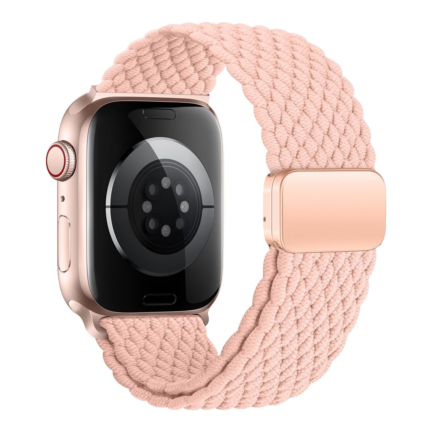 Roségoldene Apple Watch mit dem arktisband Geflochtenes Apple Watch Armband "Casual" mit Magnetverschluss von arktisband in Hellrosa, abgebildet auf weißem Hintergrund.