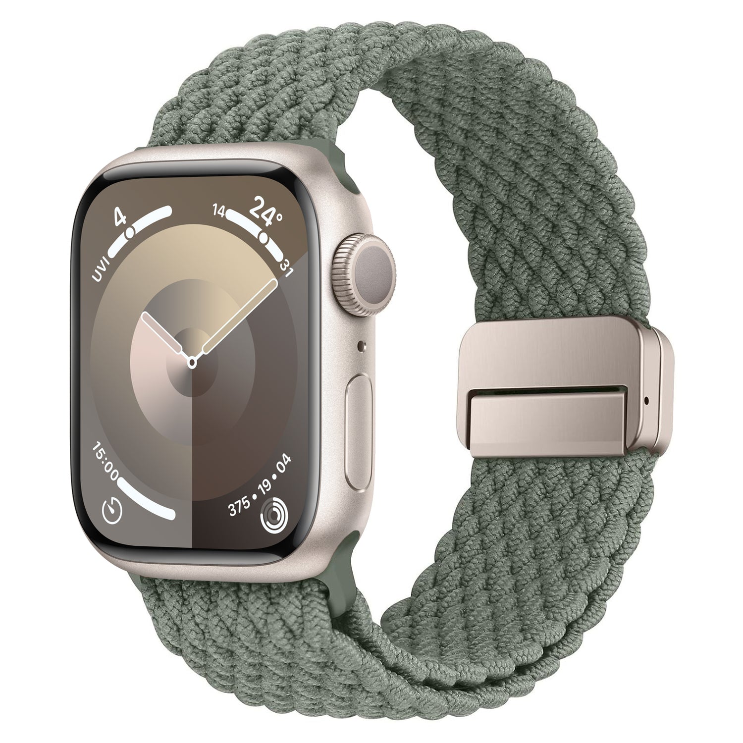 Apple Watch mit silbernem Gehäuse und Arktisband. Geflochtenes Apple Watch Armband „Casual“ mit Magnetverschluss in Grün, das ein analoges Zifferblatt anzeigt.