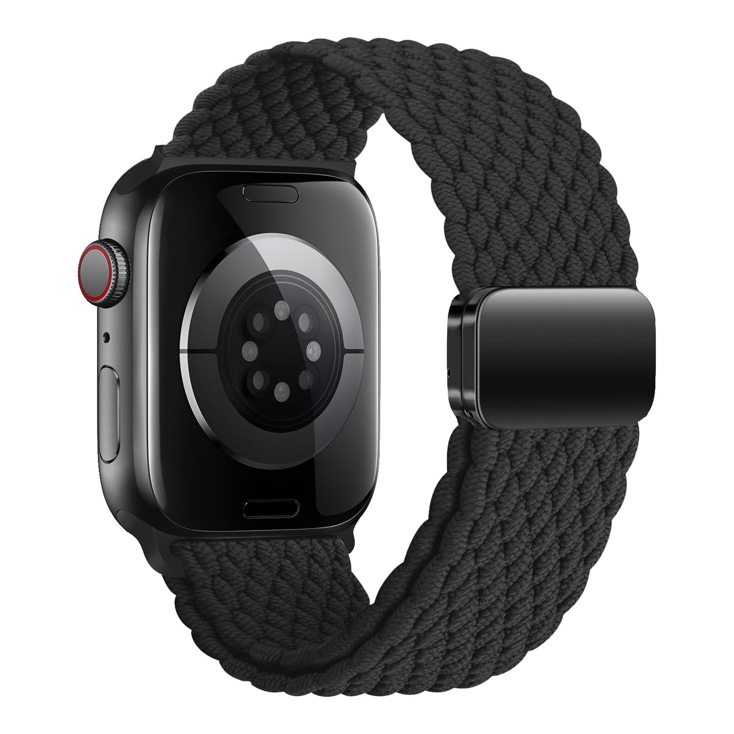 Das arktisband Geflochtene Apple Watch Armband „Casual“ mit Magnetverschluss wird von der Rückseite einer schwarzen Smartwatch gezeigt und zeigt sein elegantes geflochtenes Design, sichtbare Sensoren und einen seitlichen Knopf für einen stilvollen und bequemen Sitz.