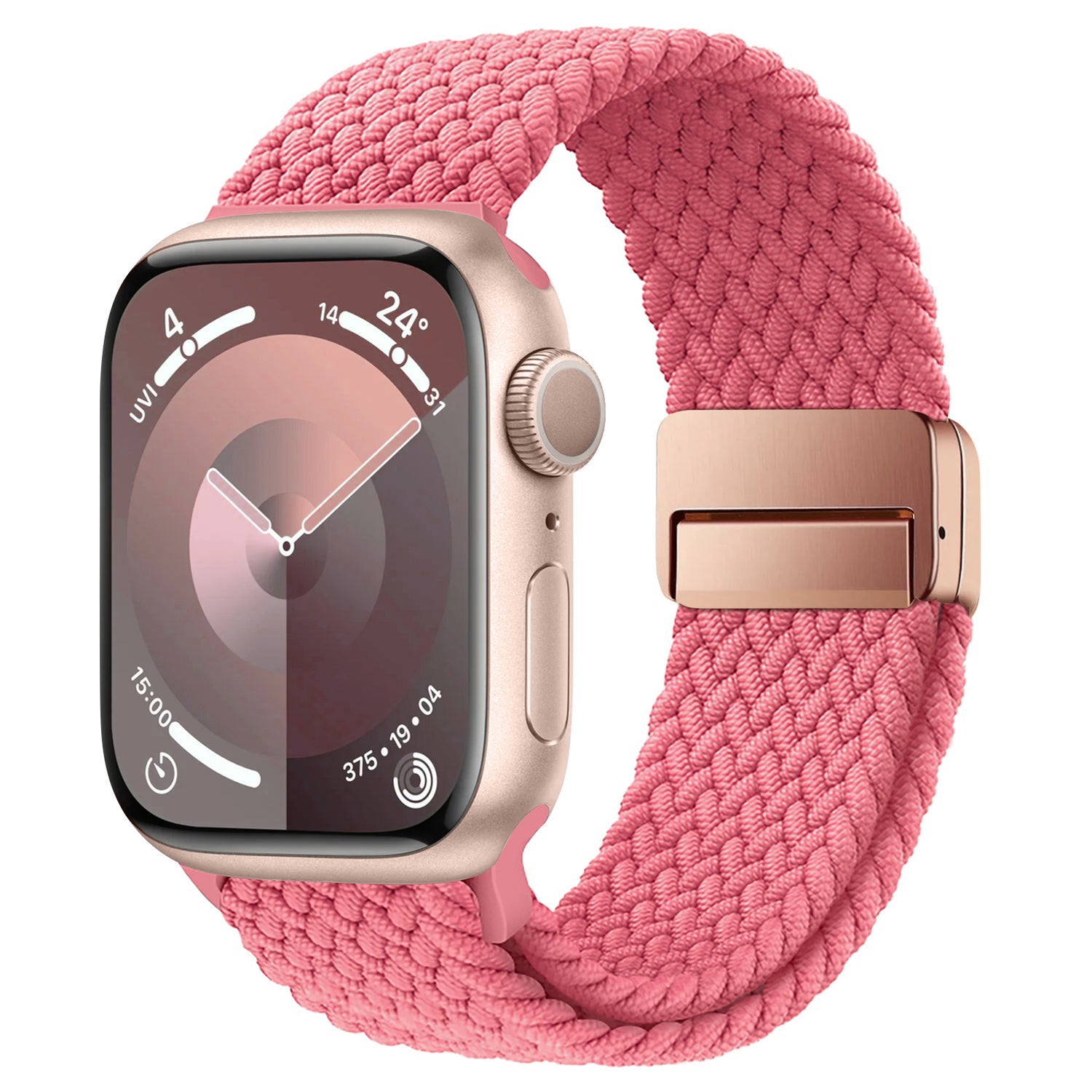Das arktisband Geflochtene Apple Watch Armband „Casual“ mit rosa geflochtenem Band und Magnetverschluss passt perfekt zu einem roségoldenen Gehäuse – ideal für Apple Watch-Fans, die Wert auf Stil und Komfort legen.