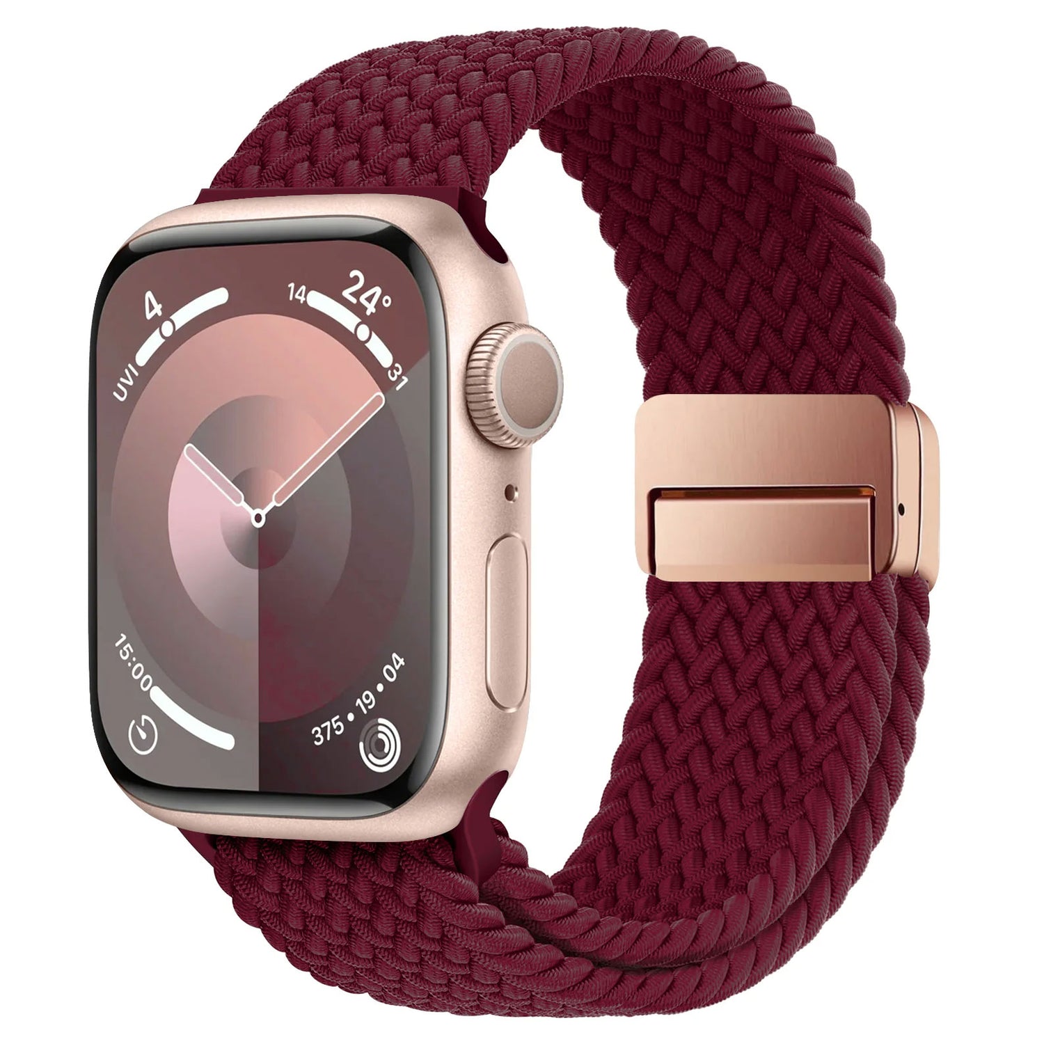 Die Apple Watch verfügt über ein Roségoldgehäuse und ist mit dem geflochtenen Armband „Casual“ von Arktisband in Kastanienbraun gepaart, komplett mit einem Magnetverschluss, auf dem der Startbildschirm angezeigt wird.