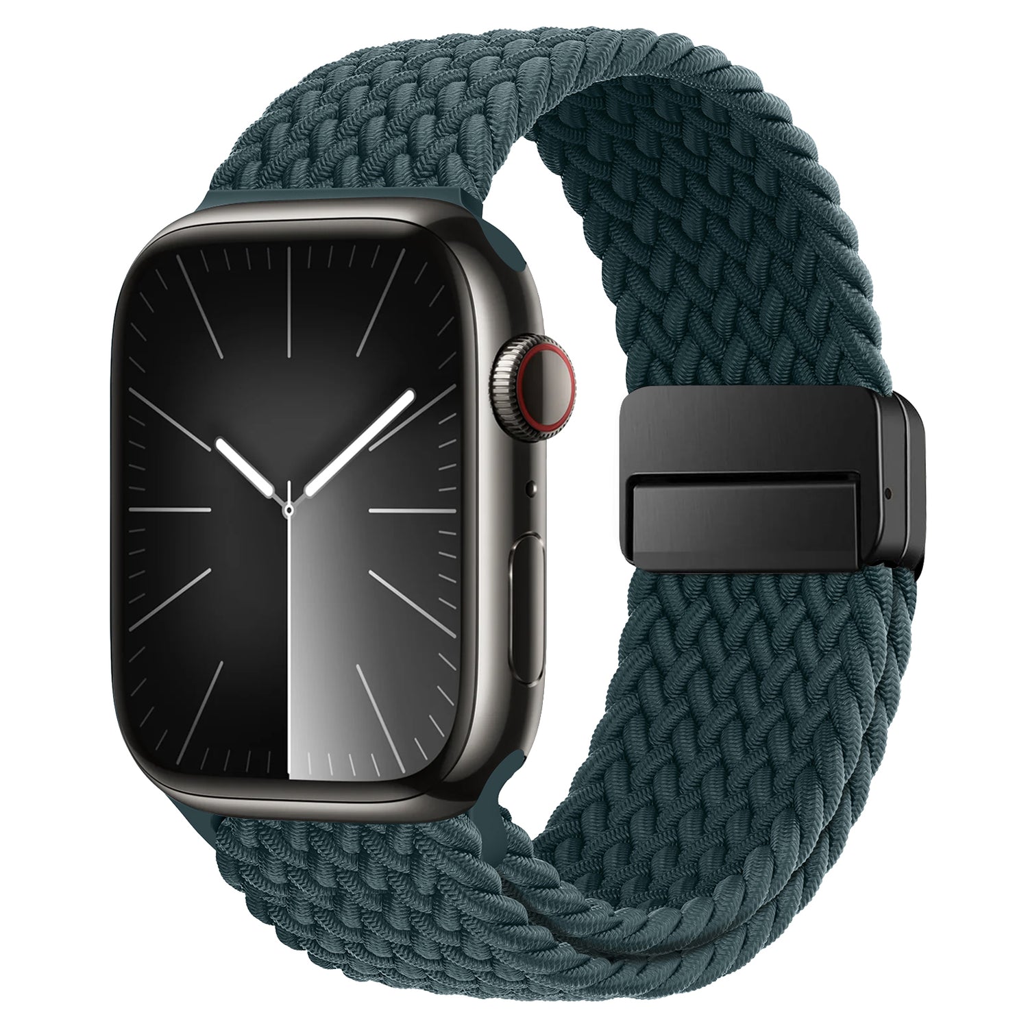 Das arktisband Geflochtene Apple Watch Armband „Casual“ verfügt über ein stilvolles schwarzes geflochtenes Band mit Magnetverschluss, gepaart mit einem eleganten rechteckigen Smartwatch-Display, das die Uhrzeit anzeigt.