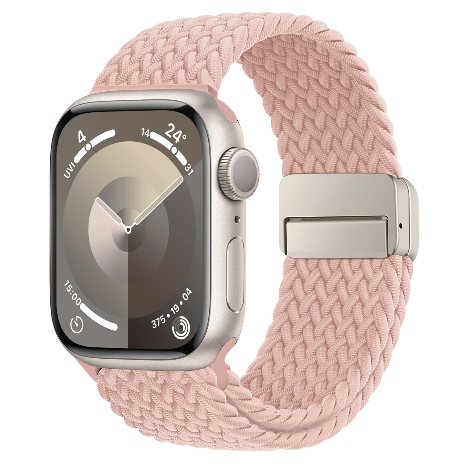 Das arktisband Geflochtene Apple Watch Armband "Casual" mit Magnetverschluss in Pink wird auf einer Apple Watch angezeigt und verfügt über ein elegantes analoges Zifferblatt auf dem Display.