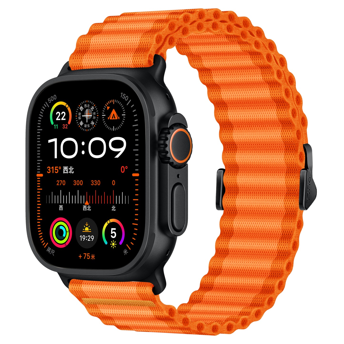 Das arktisband Apple Watch Nylonarmband „Venture“ kombiniert ein schwarzes Gehäuse mit einem orangefarbenen strukturierten Armband und präsentiert ein digitales Display – ideal für Outdoor-Enthusiasten, die sowohl Stil als auch Funktionalität schätzen.