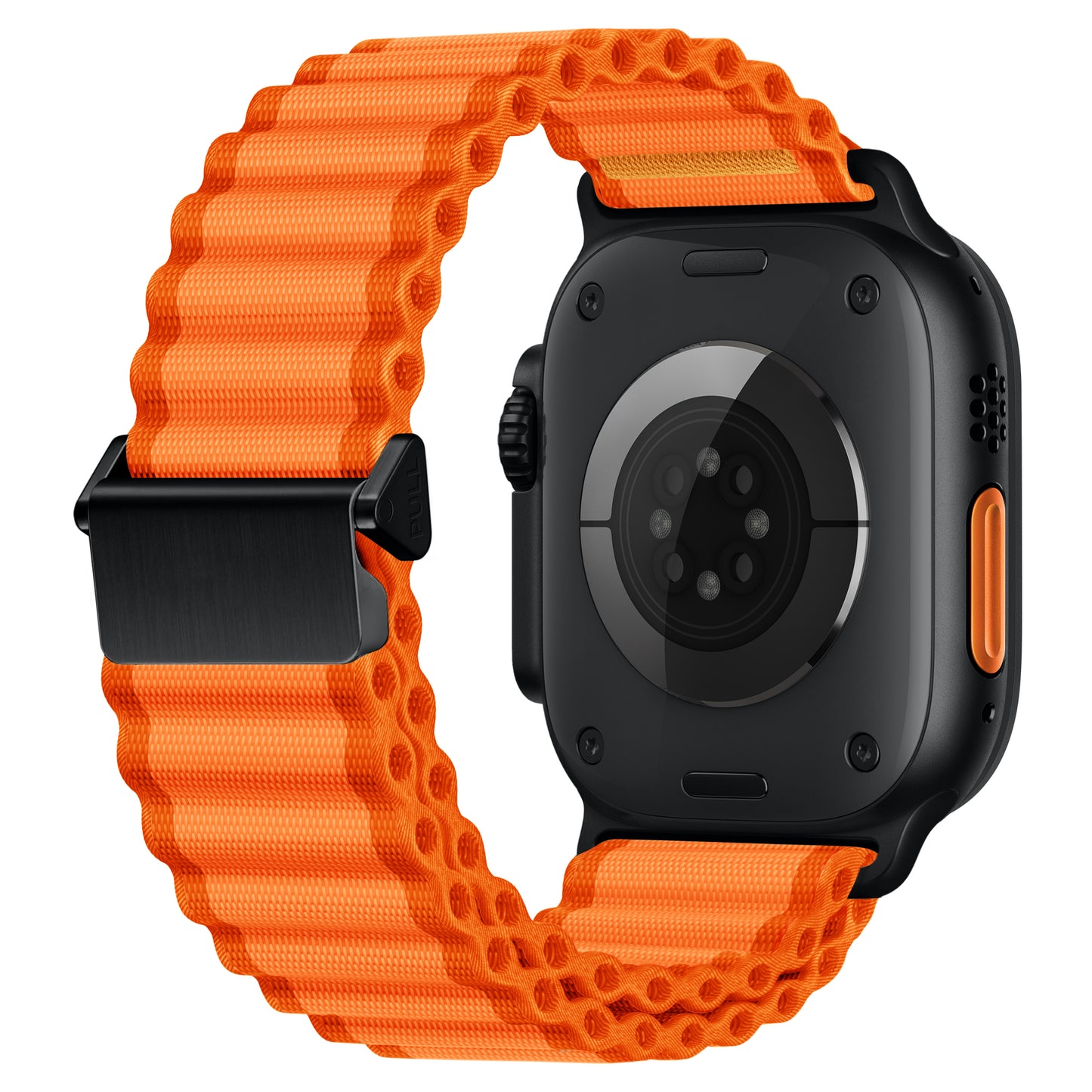 Eine Nahaufnahme der Rückseite eines Arktisband Apple Watch Nylonarmbands „Venture“ in Schwarz mit einem orangefarbenen Band im Wellen-Look und einer schwarzen Schnalle, das für Outdoor-Enthusiasten entwickelt wurde und die Sensoren auf der Unterseite der Uhr hervorhebt.