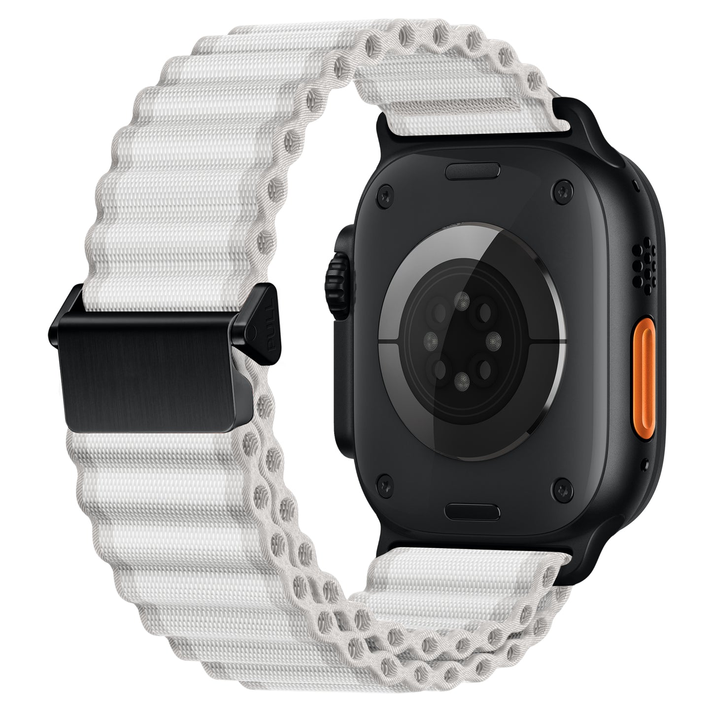 Eine Nahaufnahme der Seitenansicht einer schwarzen Smartwatch mit rundem Sensor, ausgestattet mit dem arktisband Apple Watch Nylonarmband „Venture“ in weißer Wellenoptik und orangefarbenem Knopf – ideal für Outdoor-Fans.