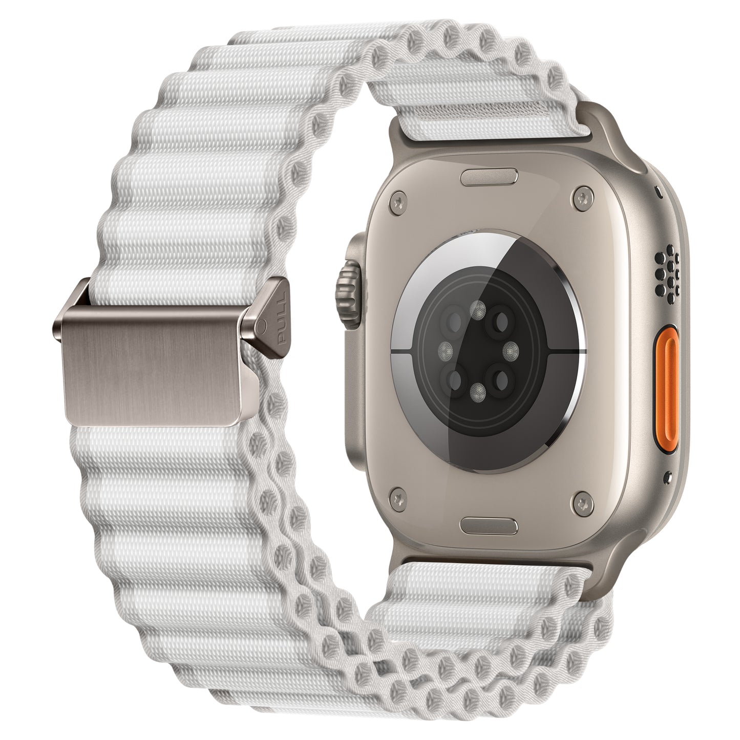 Eine Nahaufnahme des Arktisband Apple Watch Nylonarmbands „Venture“ – ein weißes, strukturiertes Nylonband mit Metallschnalle, abgebildet auf einer Smartwatch mit silbernem Gehäuse, orangefarbener Seitentaste und rundem Sensor – ideal für Outdoor-Enthusiasten.