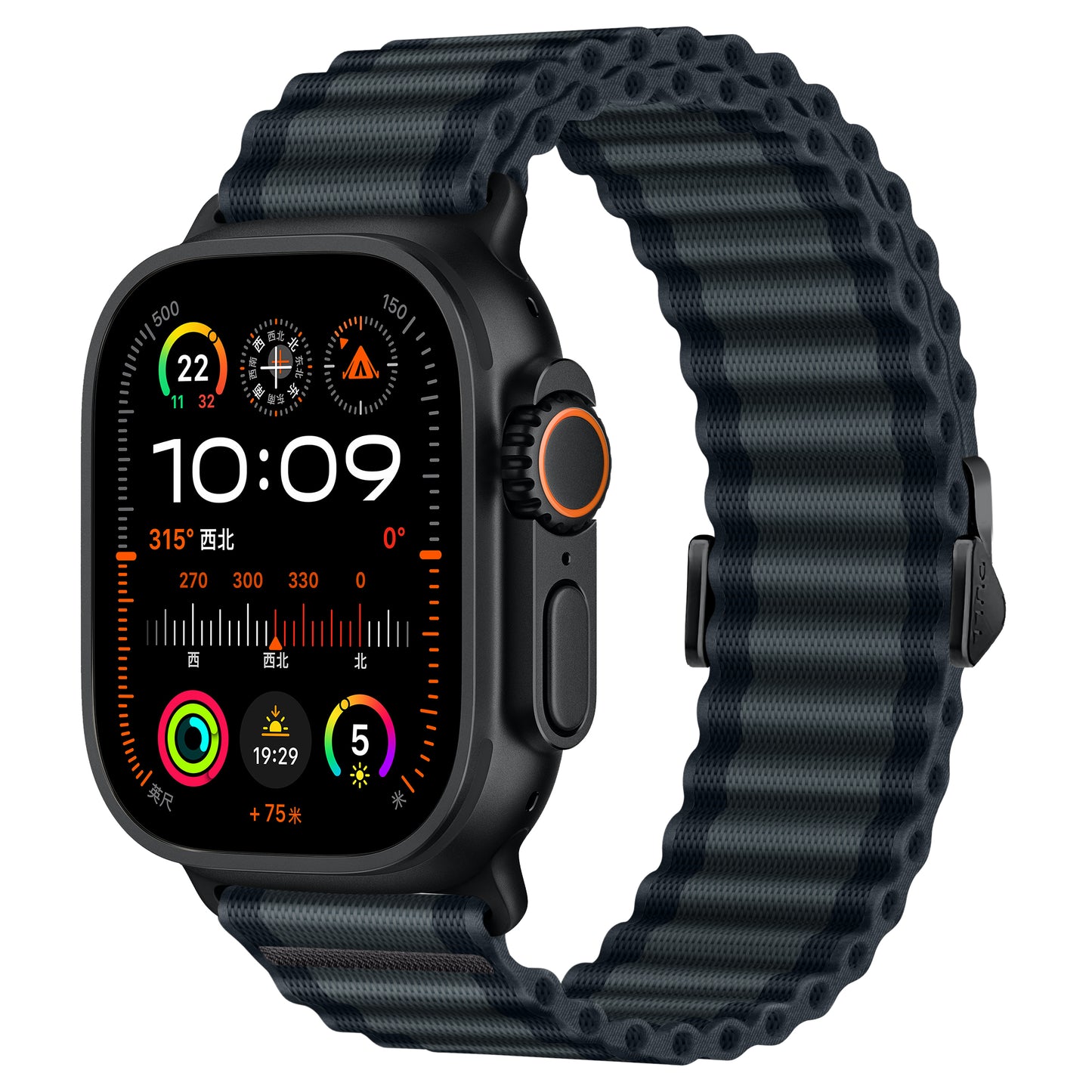 Eine Nahaufnahme des arktisband Apple Watch Nylonarmbands „Venture“ mit schwarzem, strukturiertem Armband im Wellen-Look. Das Display zeigt 10:09 Uhr und bunte Widgets – ideal für Outdoor-Fans, die Wetter, Kompass und Aktivitäten checken möchten.