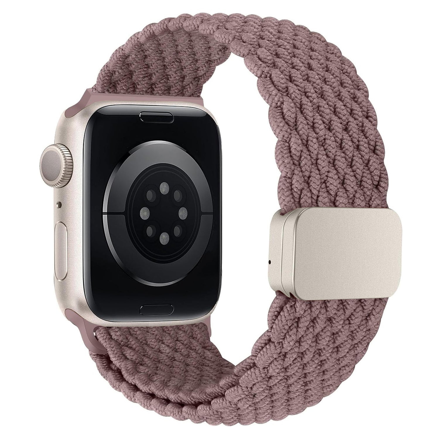 Nahaufnahme des arktisband Geflochtenen Apple Watch Armbands „Casual“ mit einem malvenfarbenen geflochtenen Armband und rechteckigem silbernen Magnetverschluss.